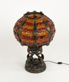 Midcentury Table Lamp Wrought Iron and Hammered Glass by Longobard, Italy, 1970s