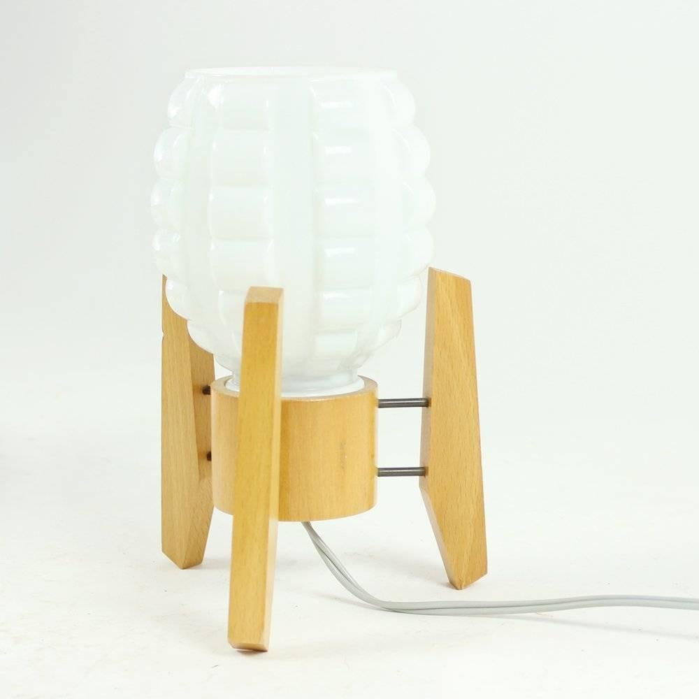 Mid-Century Modern Midcentury Table Lamps in White Glass and Wood Drevo Humpolec, Czechoslovakia For Sale