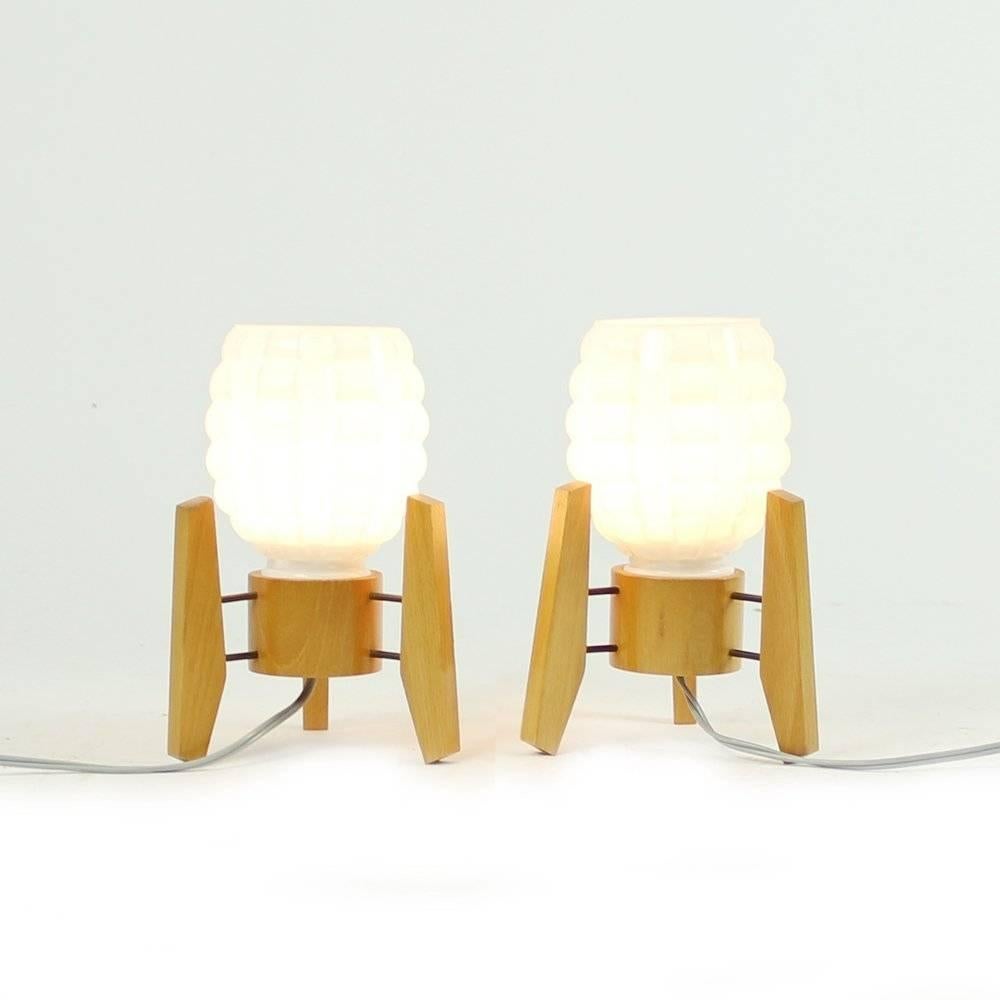 20th Century Midcentury Table Lamps in White Glass and Wood Drevo Humpolec, Czechoslovakia For Sale