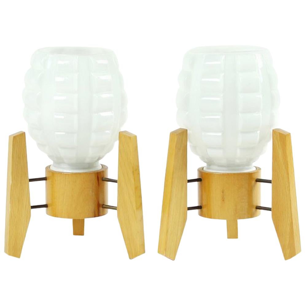 Midcentury Table Lamps in White Glass and Wood Drevo Humpolec, Czechoslovakia For Sale