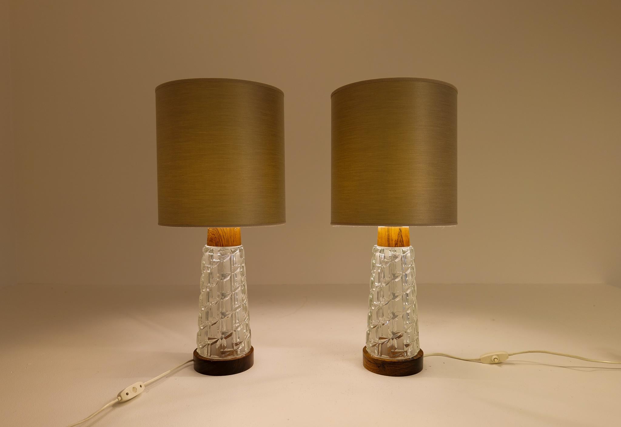 Midcentury Table Lamps Orrefors Teak and Glass Sweden For Sale 4