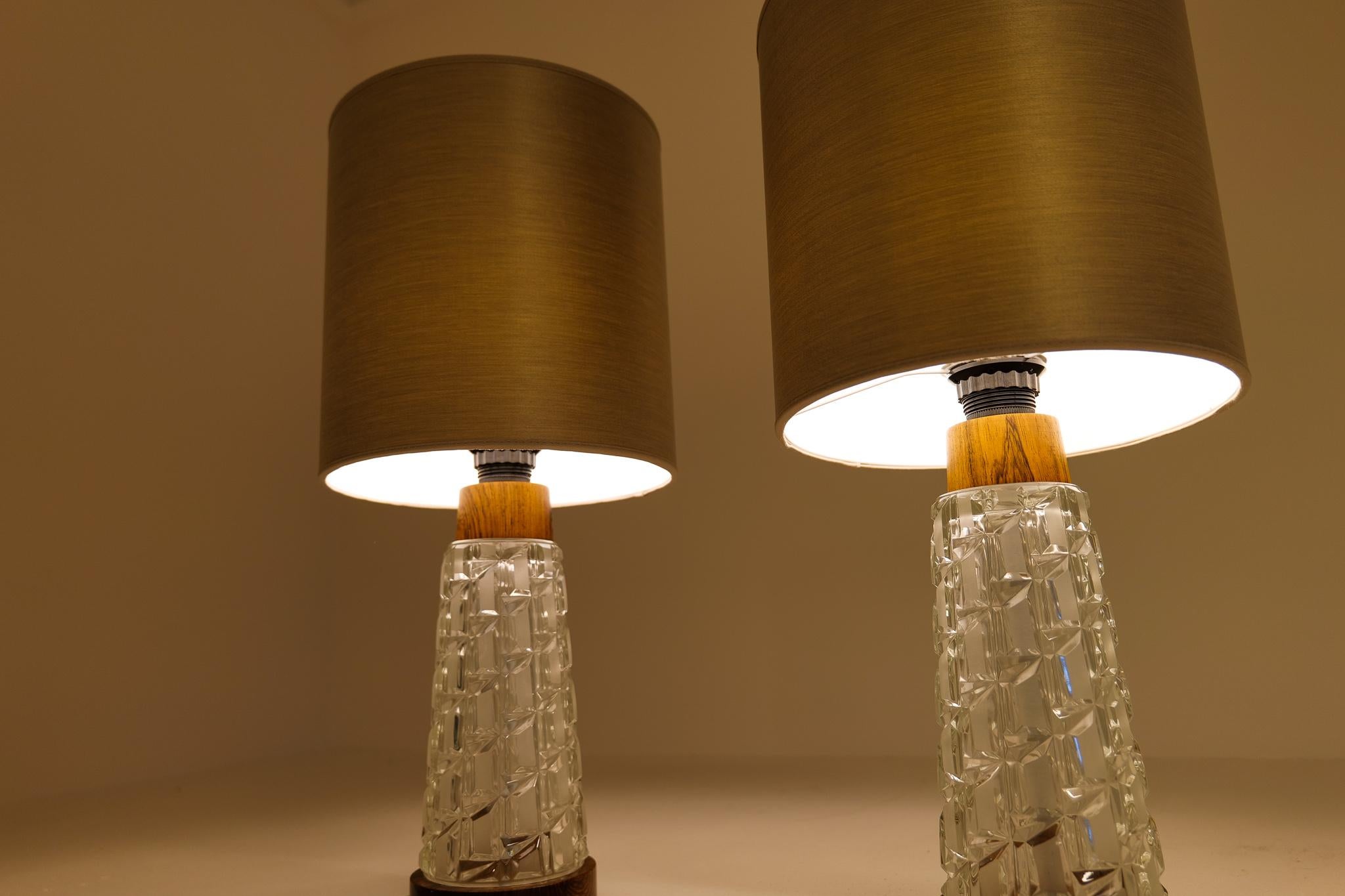 Midcentury Table Lamps Orrefors Teak and Glass Sweden For Sale 5