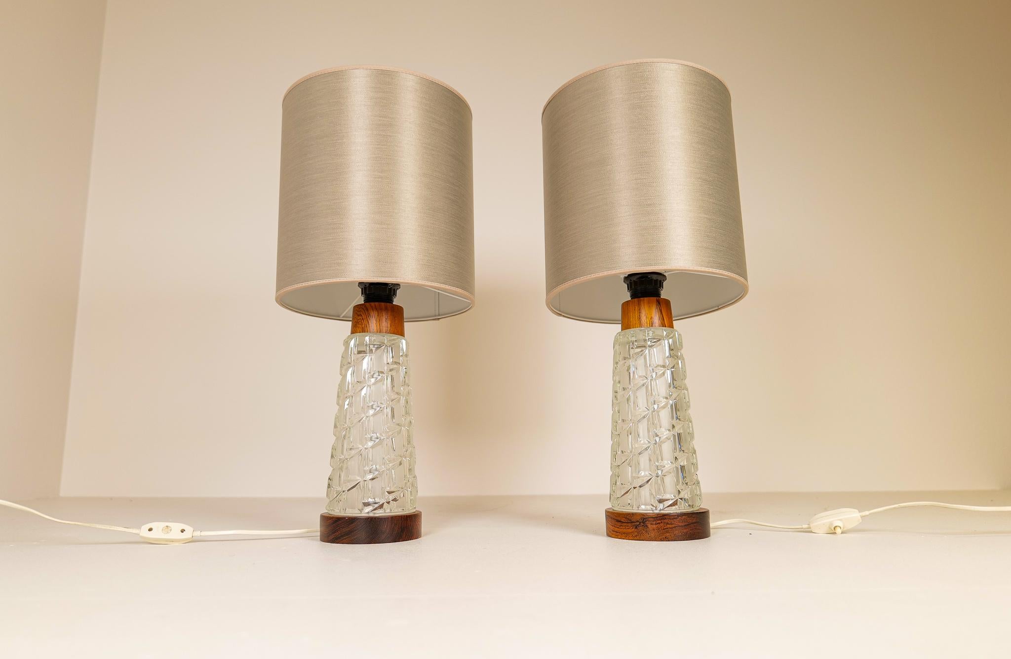 Swedish Midcentury Table Lamps Orrefors Teak and Glass Sweden For Sale