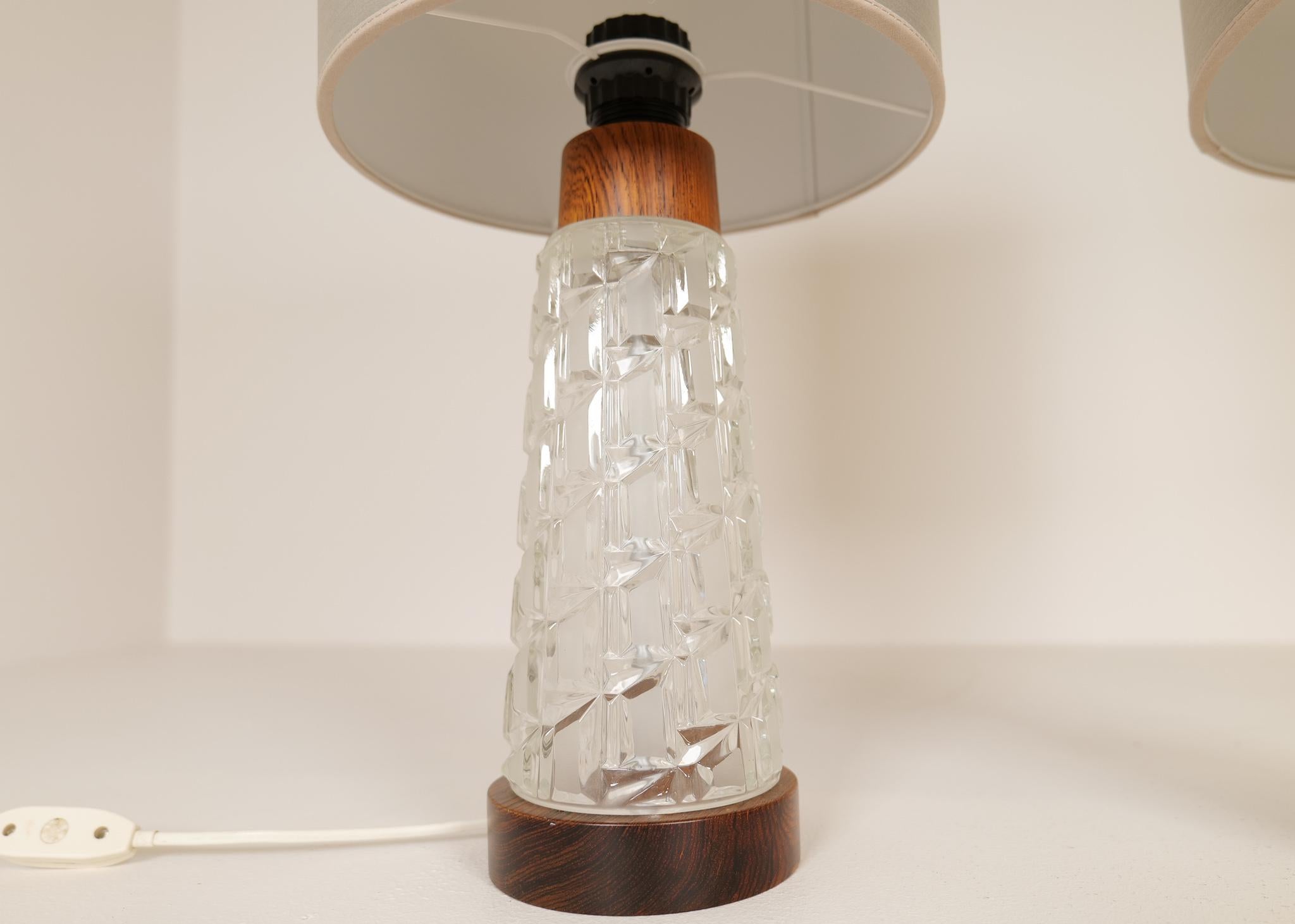 Mid-20th Century Midcentury Table Lamps Orrefors Teak and Glass Sweden For Sale