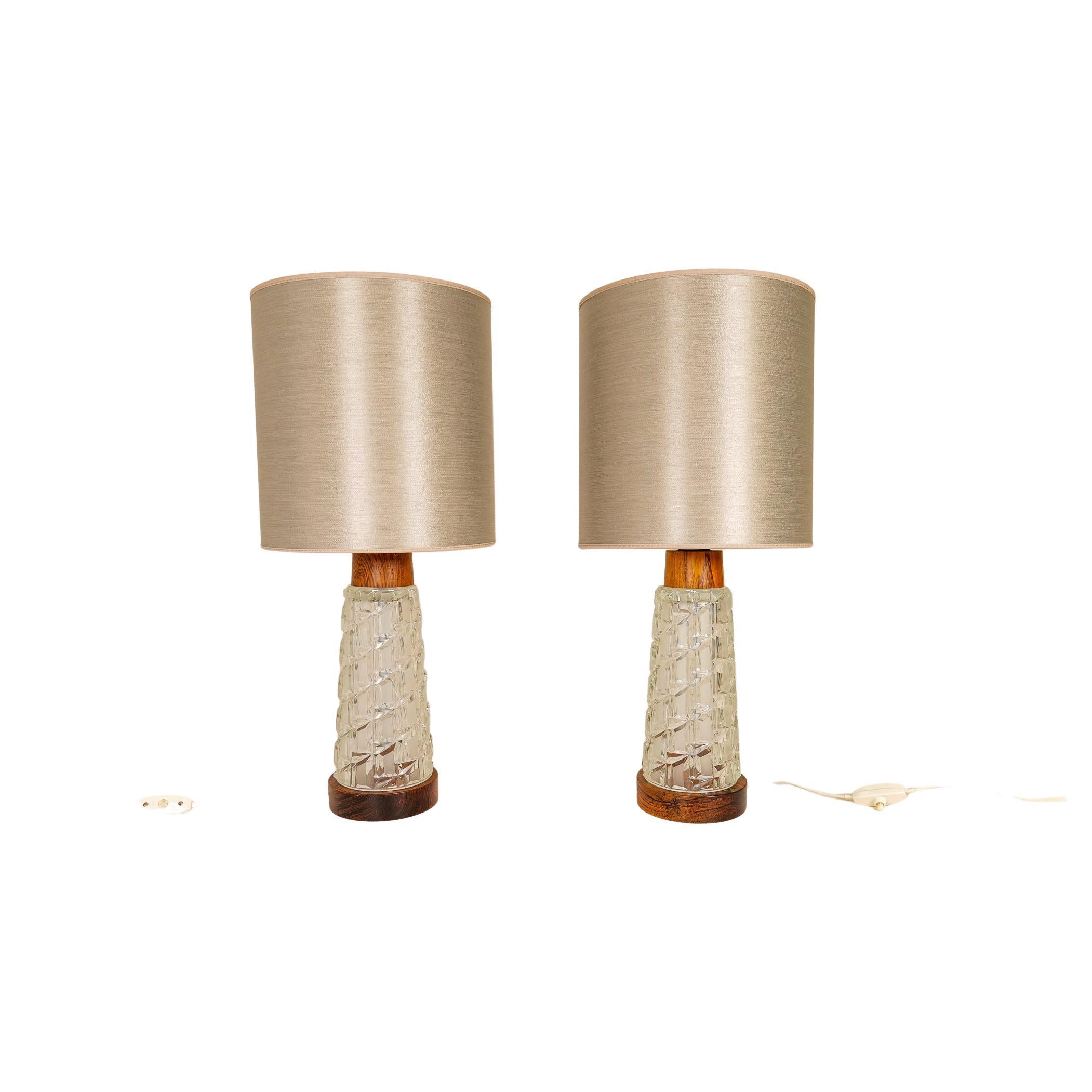 Midcentury Table Lamps Orrefors Teak and Glass Sweden For Sale