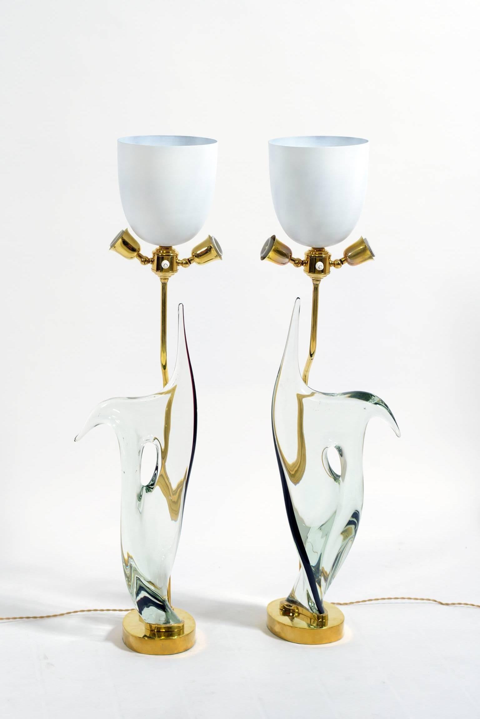 Midcentury Table Lamps Transparent Murano Glass and Brass by Cenedese 4