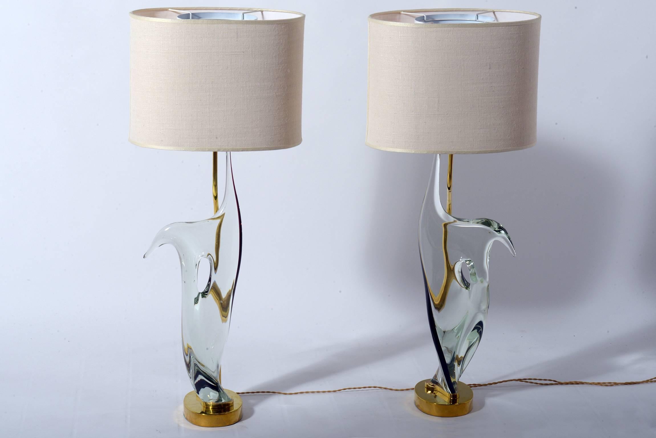 Midcentury Table Lamps Transparent Murano Glass and Brass by Cenedese 5