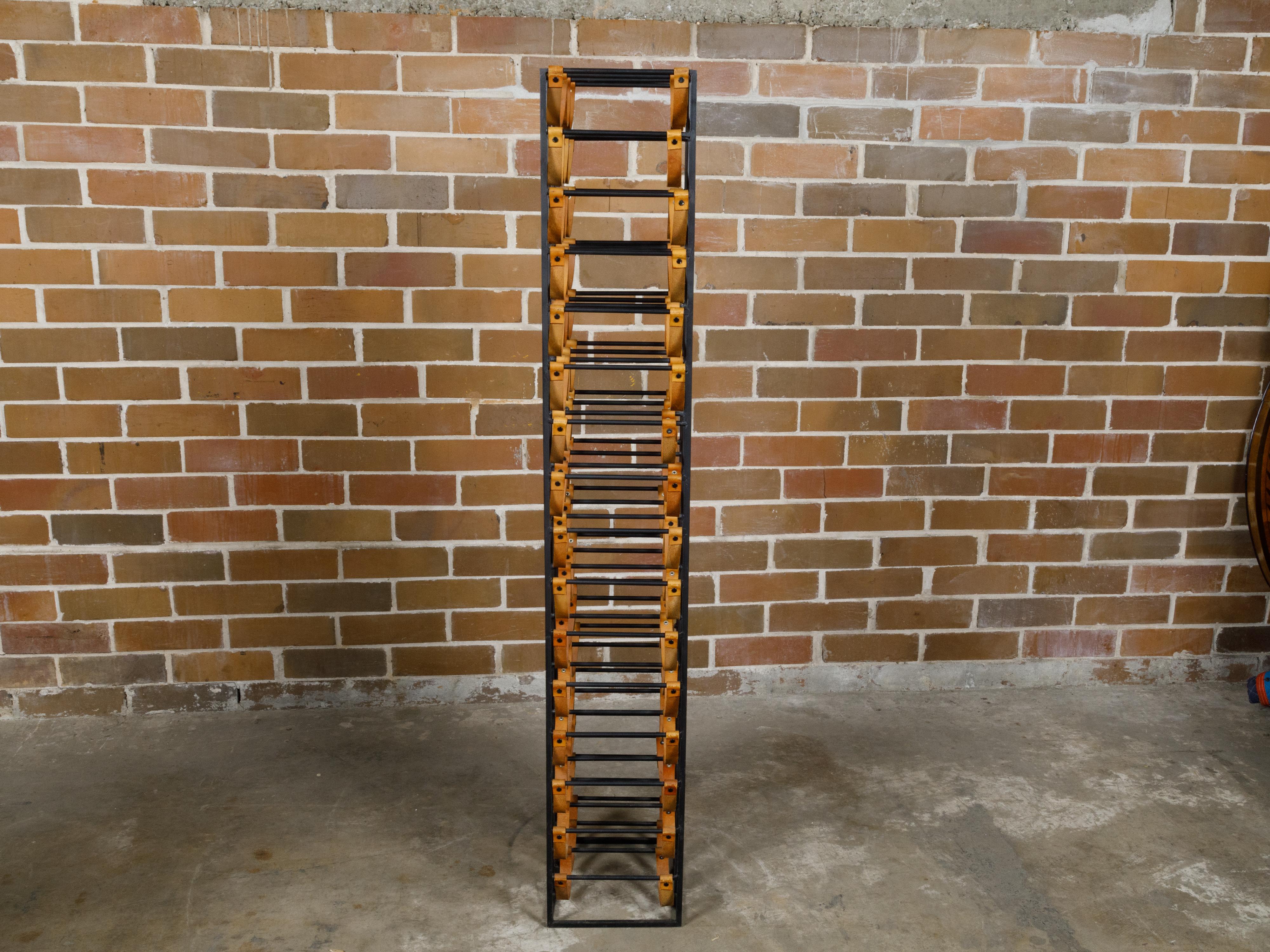 Midcentury Tall and Narrow Iron Wine Rack with Leather Straps For Sale 6