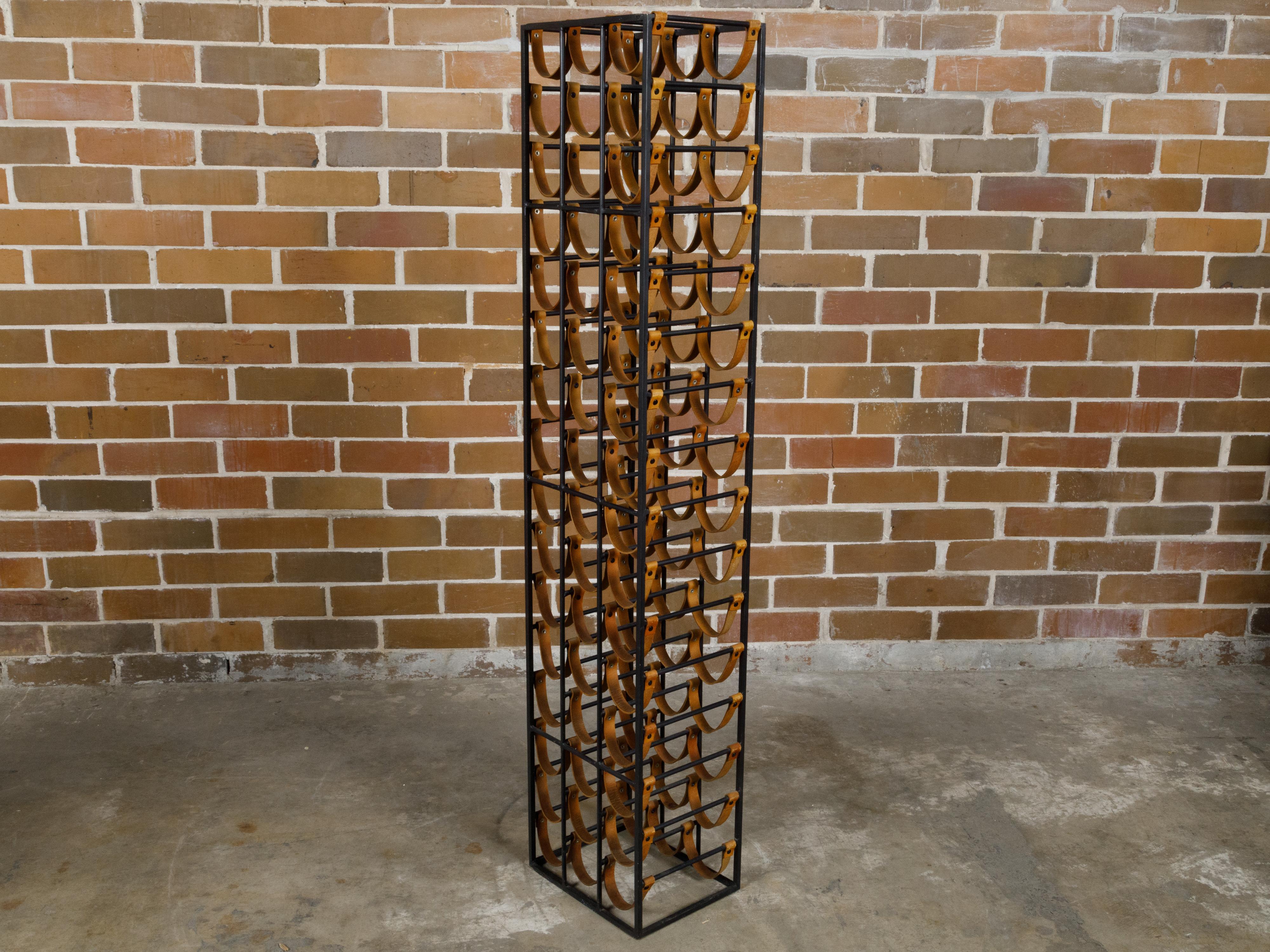Midcentury Tall and Narrow Iron Wine Rack with Leather Straps For Sale 7