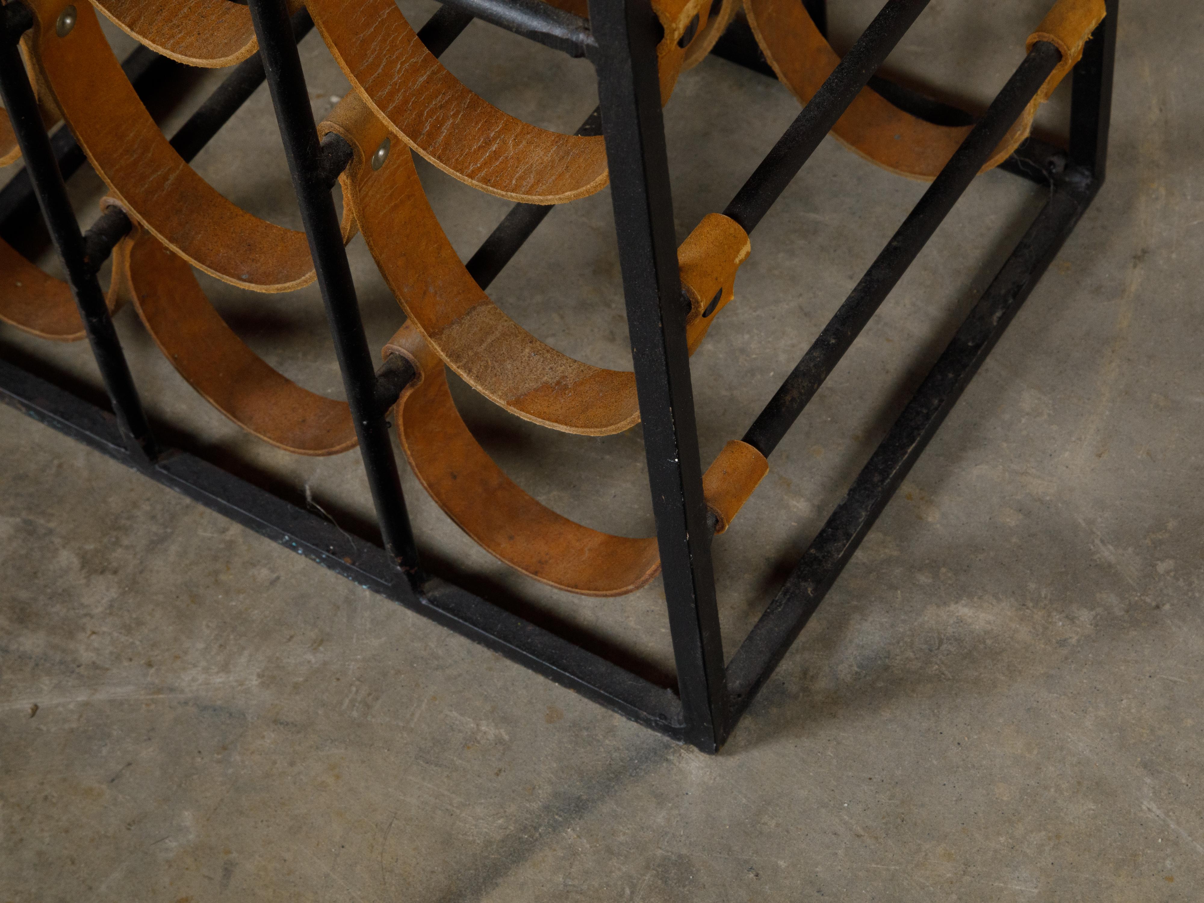 Midcentury Tall and Narrow Iron Wine Rack with Leather Straps For Sale 2