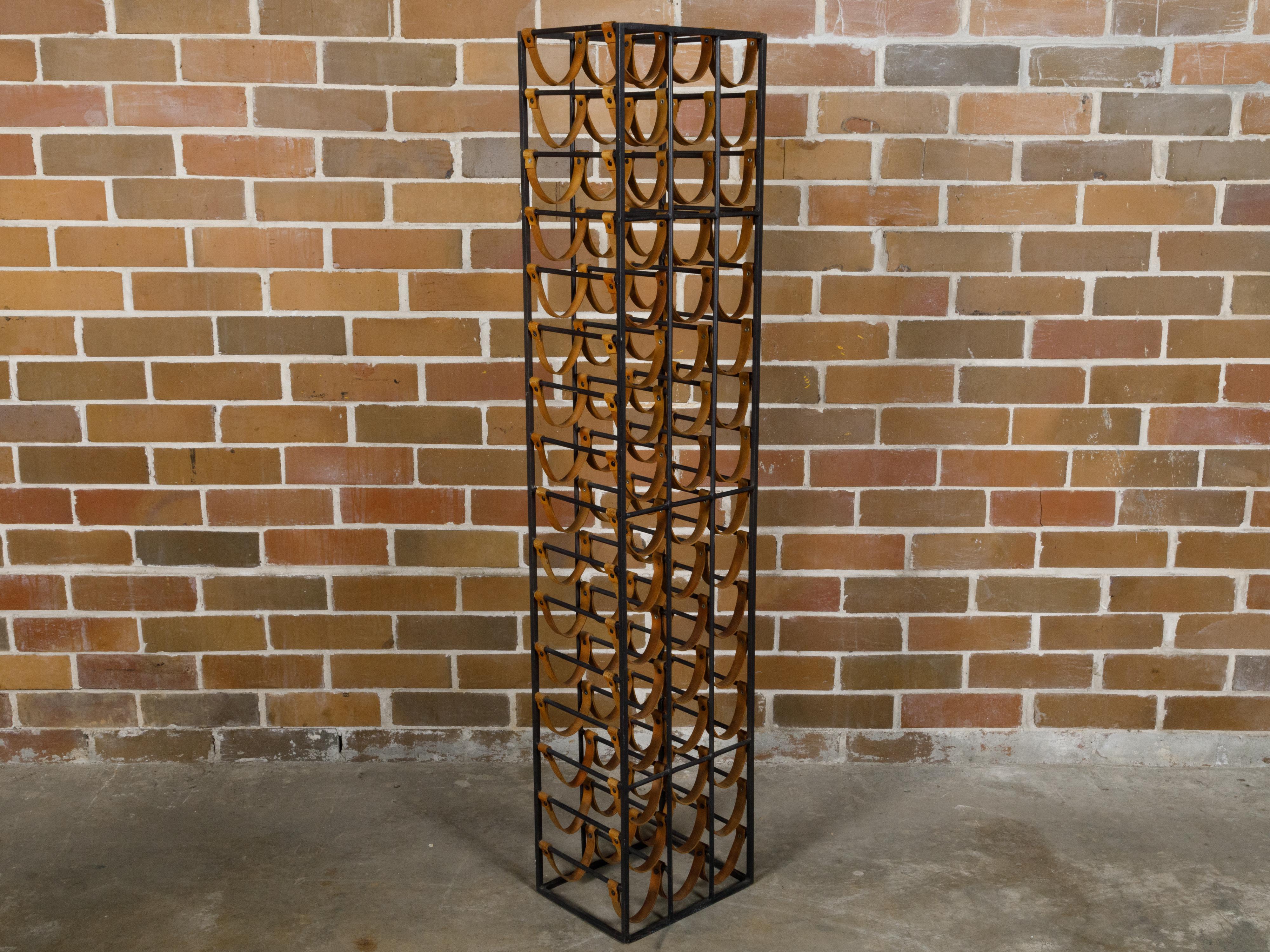 Midcentury Tall and Narrow Iron Wine Rack with Leather Straps For Sale 3