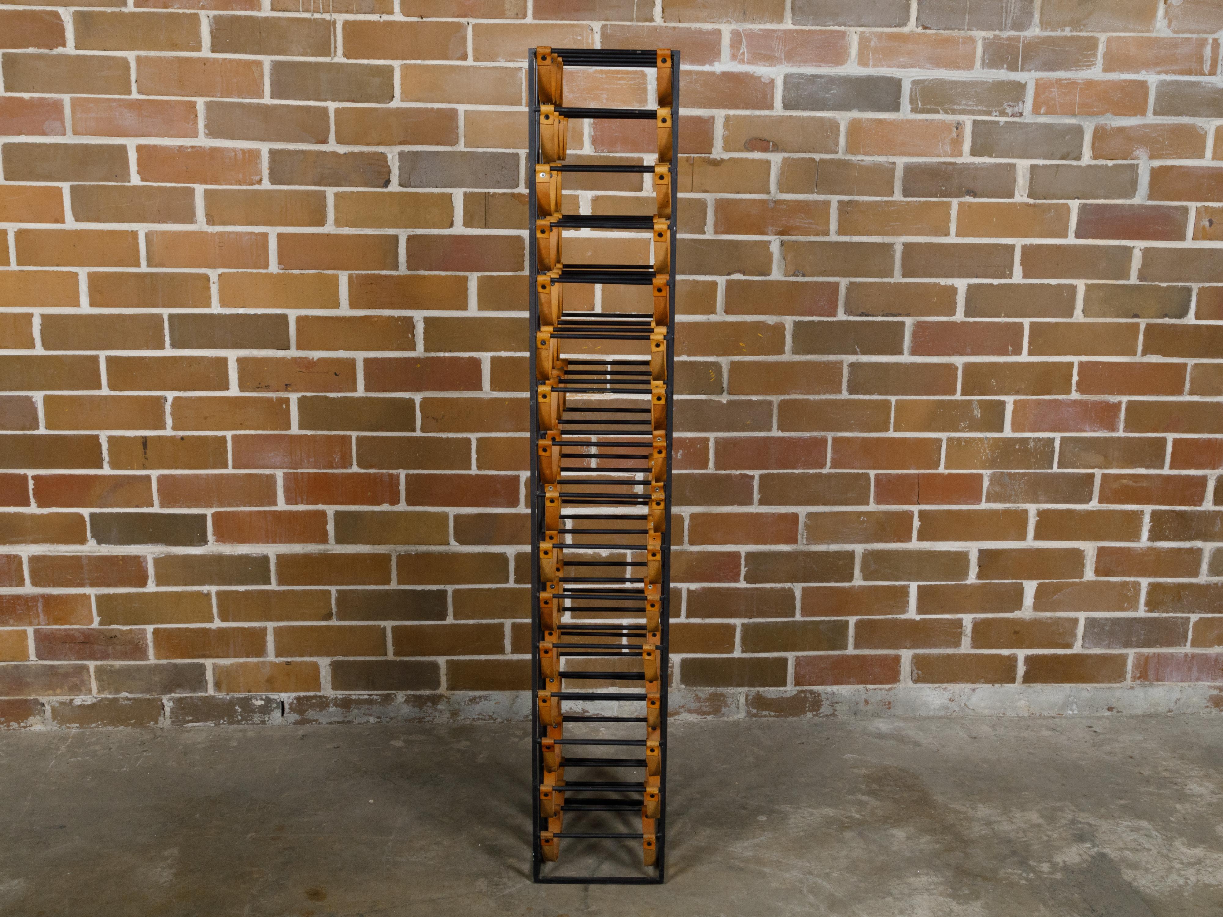 Midcentury Tall and Narrow Iron Wine Rack with Leather Straps For Sale 4