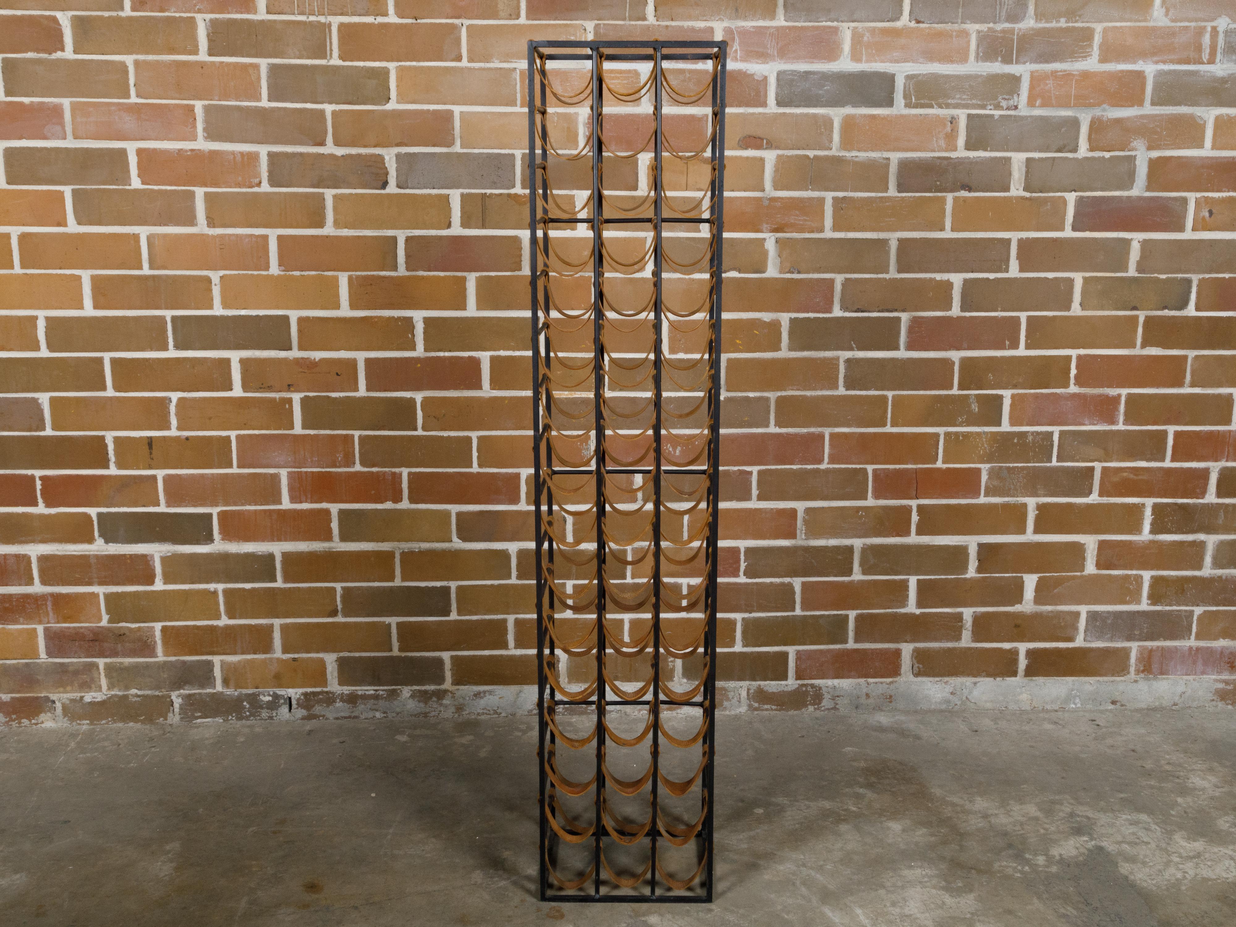 Midcentury Tall and Narrow Iron Wine Rack with Leather Straps For Sale 5