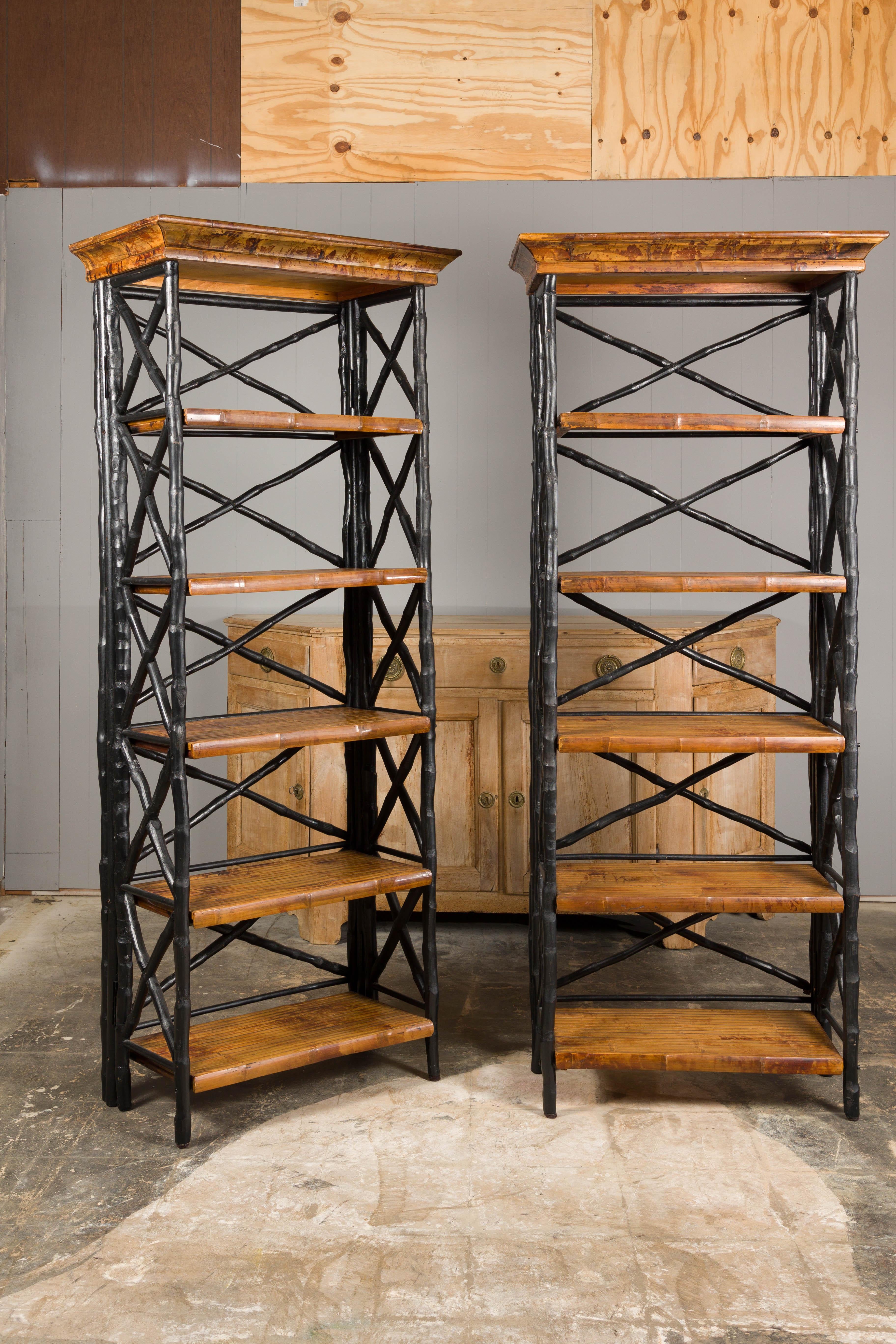 Midcentury Tall French Black and Brown Faux Bamboo Shelves, a Pair For Sale 8