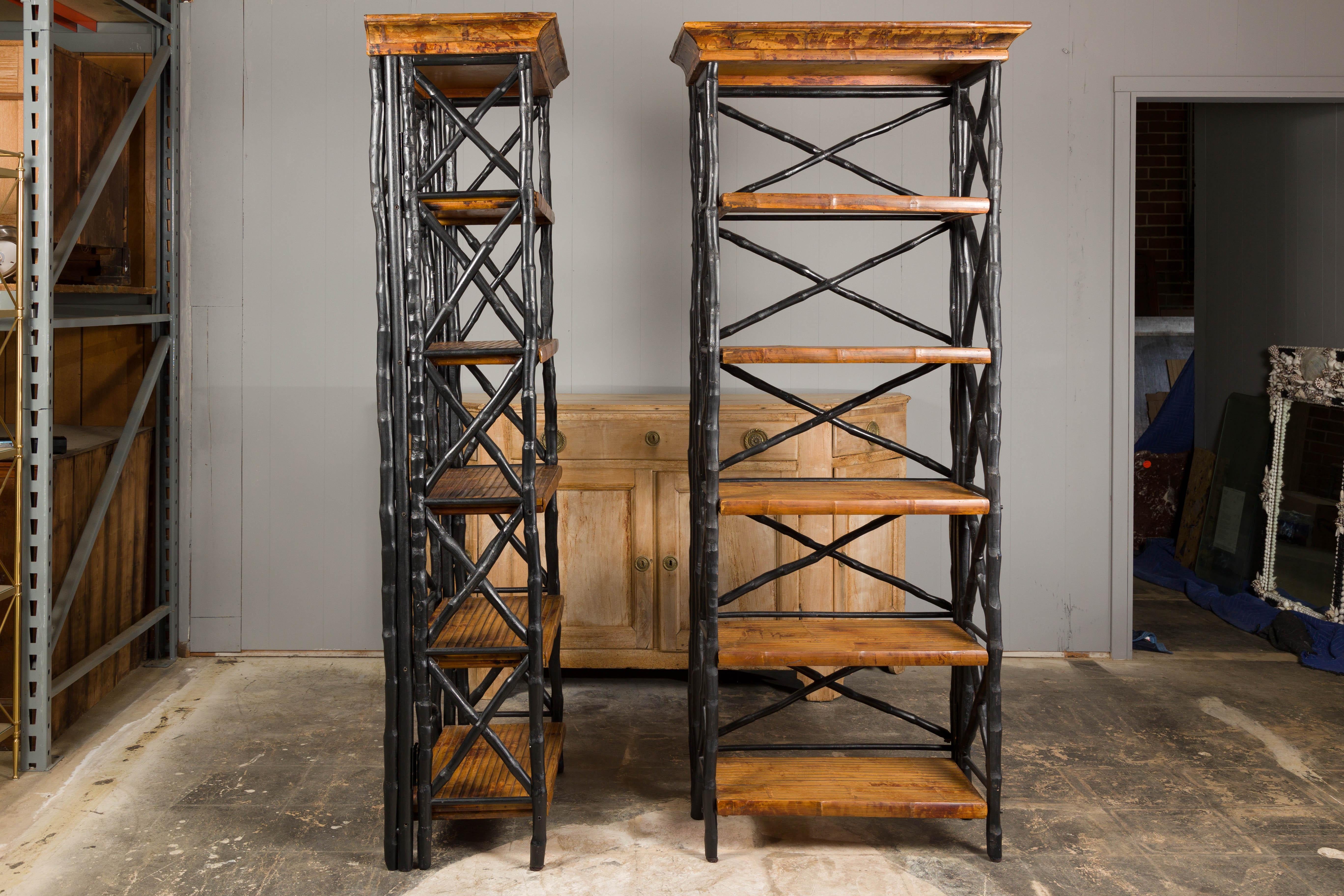 Midcentury Tall French Black and Brown Faux Bamboo Shelves, a Pair For Sale 9