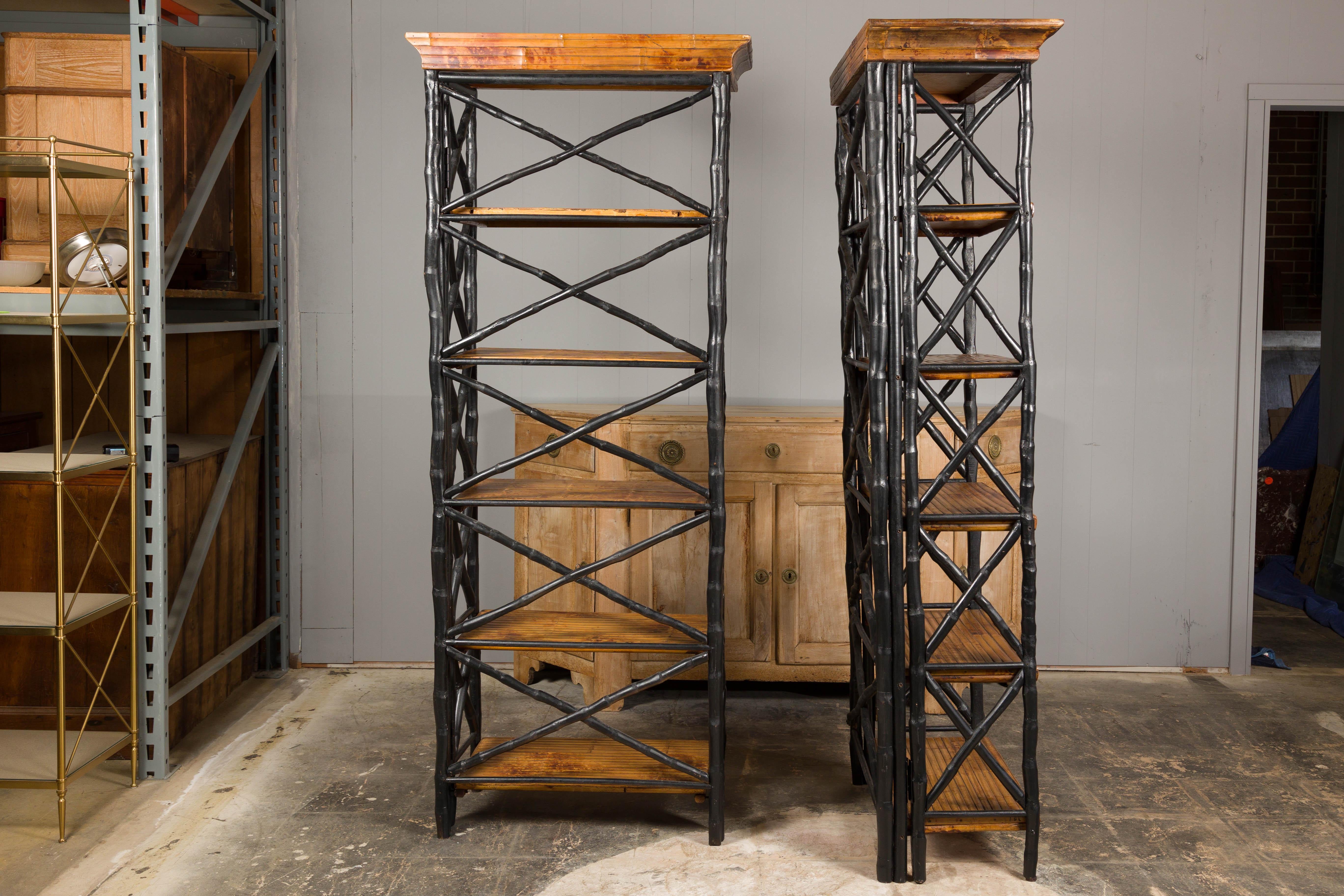 Midcentury Tall French Black and Brown Faux Bamboo Shelves, a Pair For Sale 10