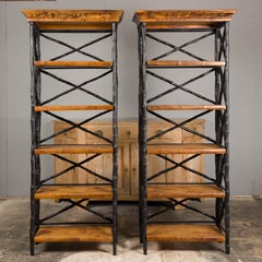 Midcentury Tall French Black and Brown Faux Bamboo Shelves, a Pair