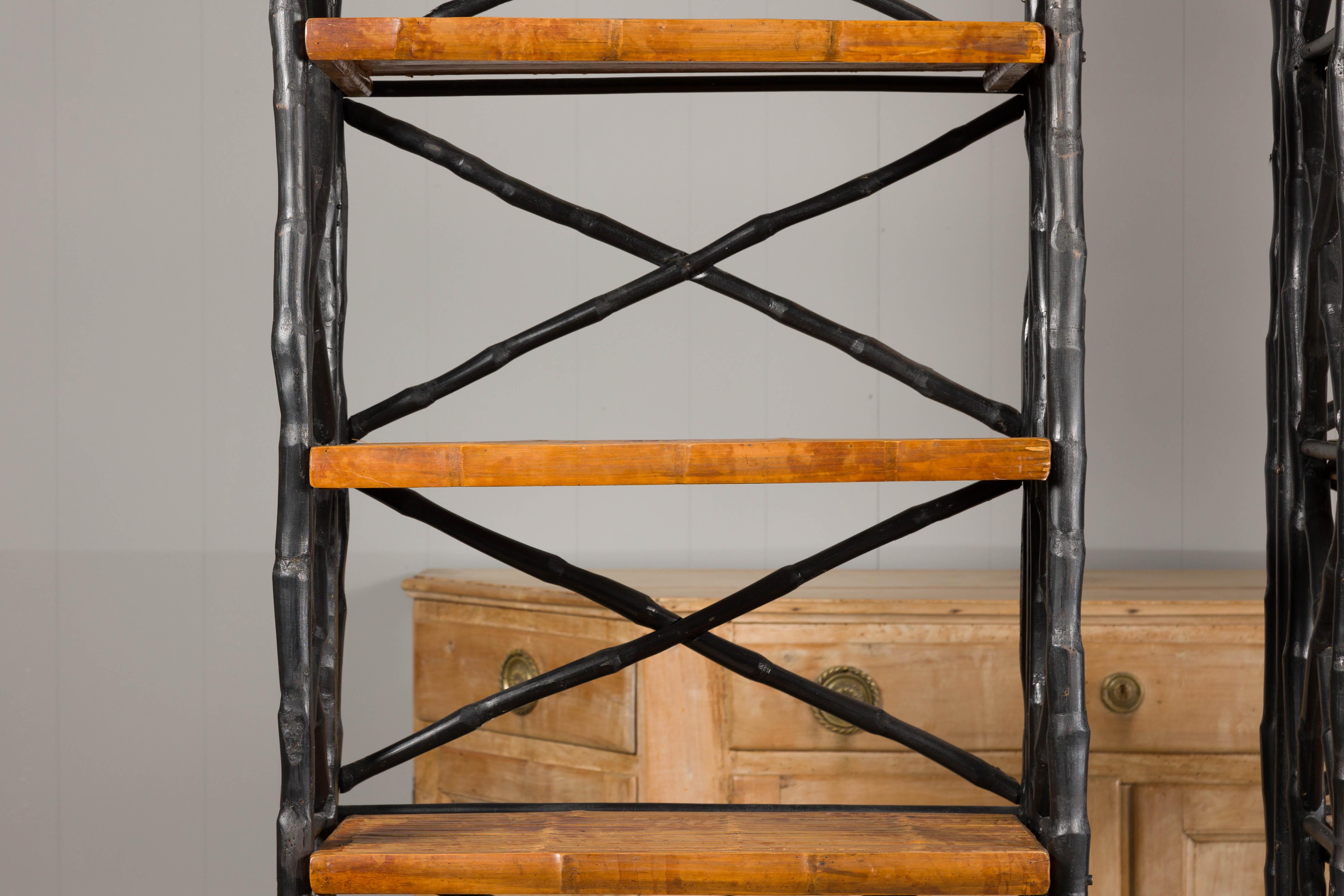 Midcentury Tall French Black and Brown Faux Bamboo Shelves, a Pair In Good Condition For Sale In Atlanta, GA