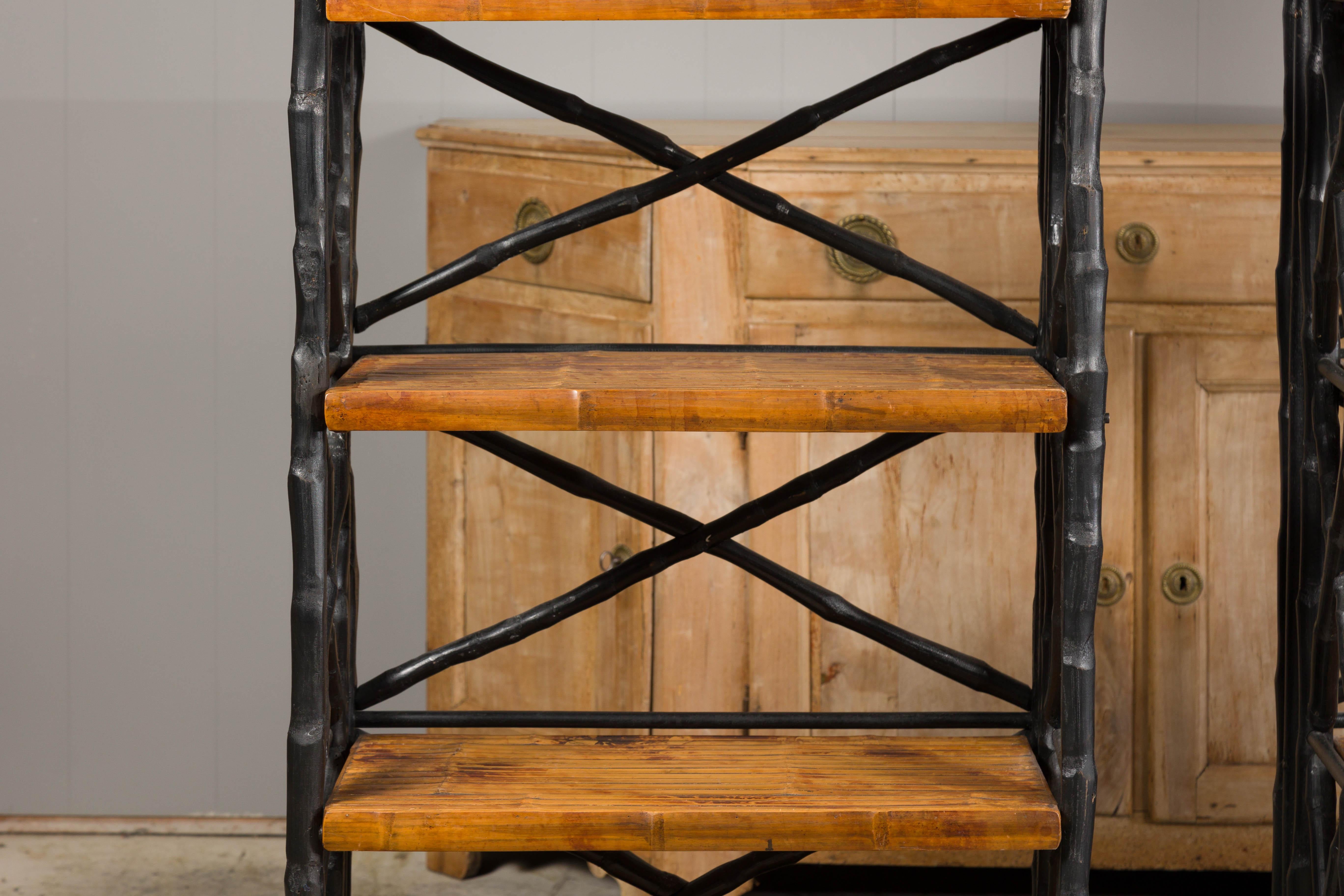 20th Century Midcentury Tall French Black and Brown Faux Bamboo Shelves, a Pair For Sale