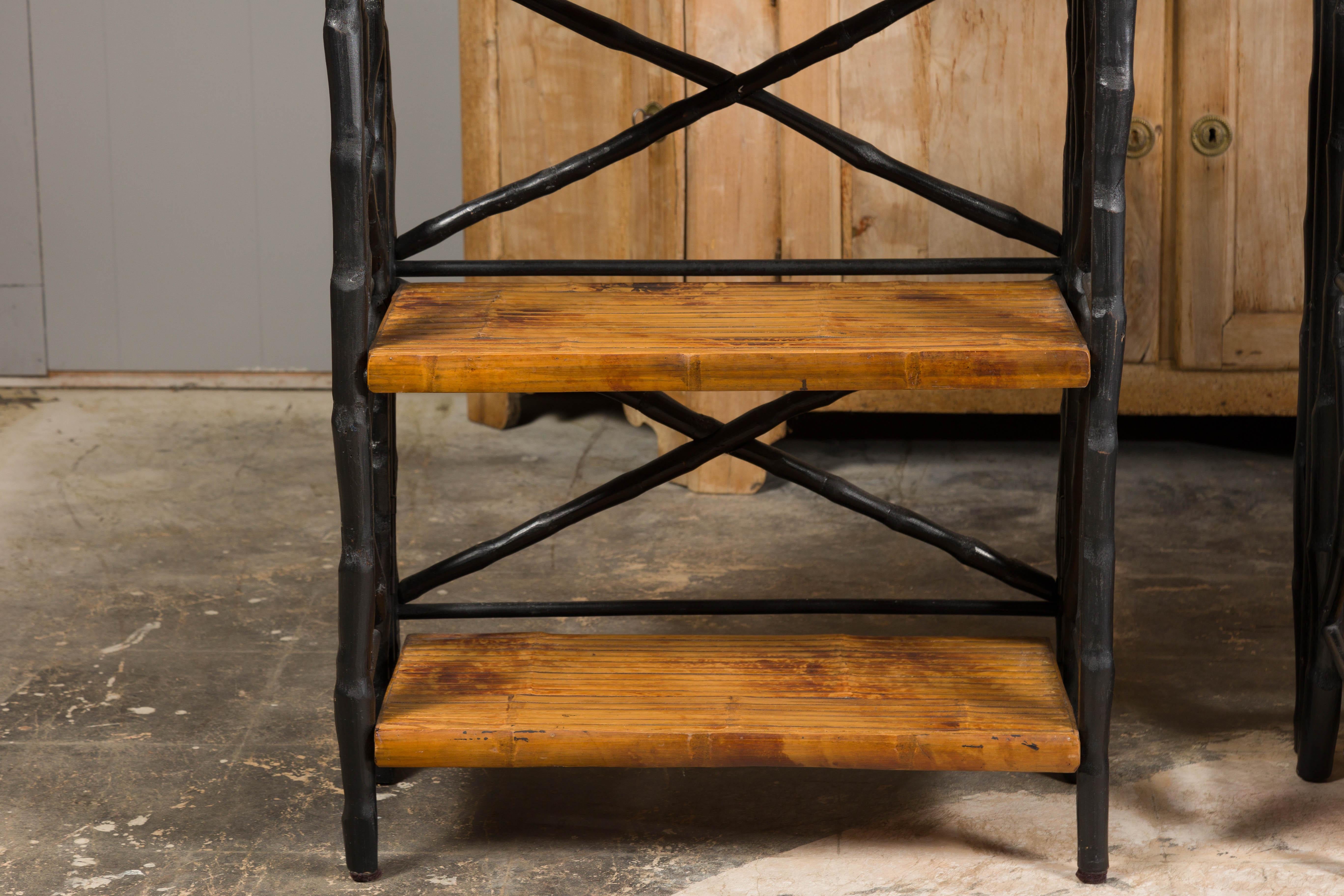 Midcentury Tall French Black and Brown Faux Bamboo Shelves, a Pair For Sale 1