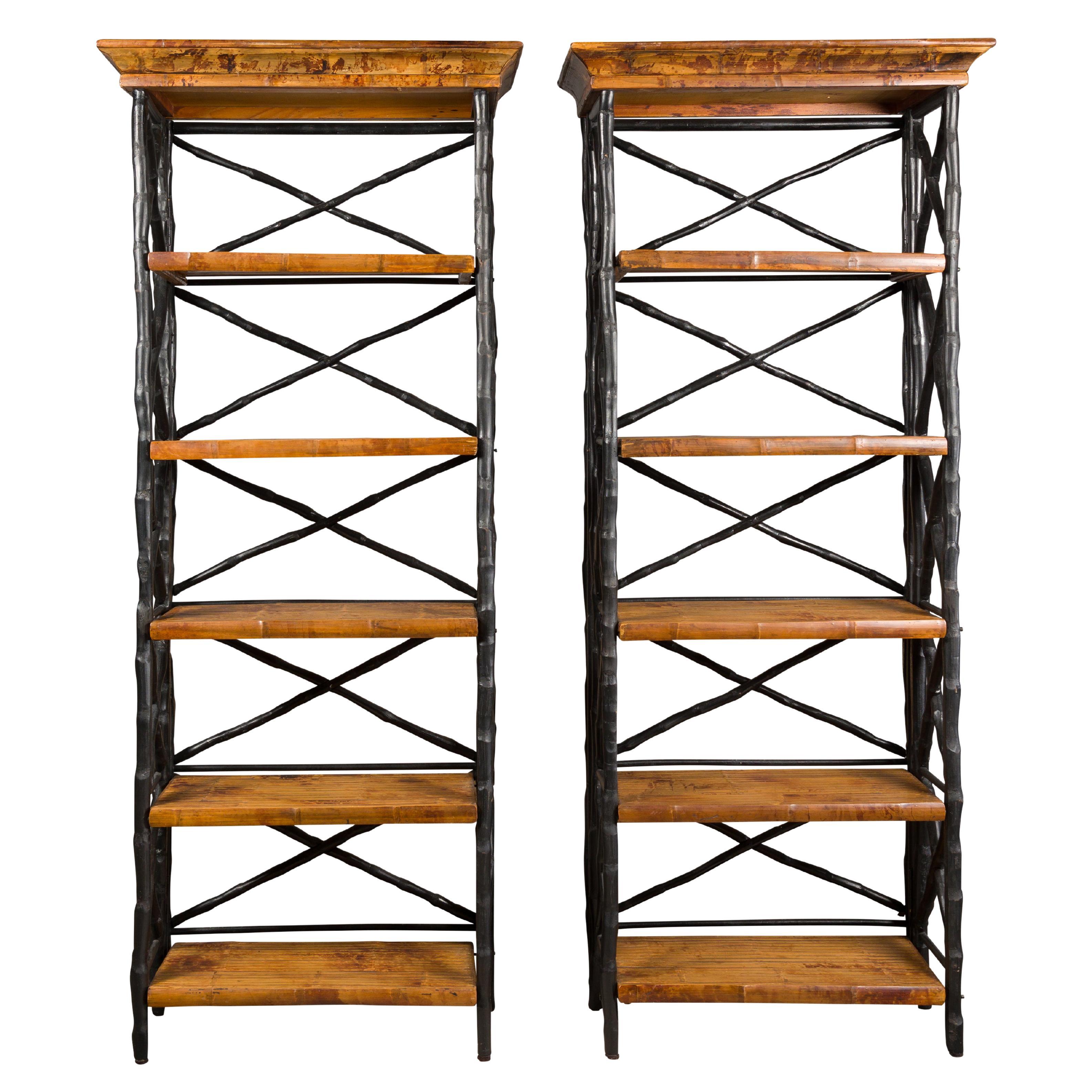 Midcentury Tall French Black and Brown Faux Bamboo Shelves, a Pair