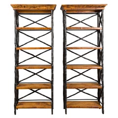 Vintage Midcentury Tall French Black and Brown Faux Bamboo Shelves, a Pair