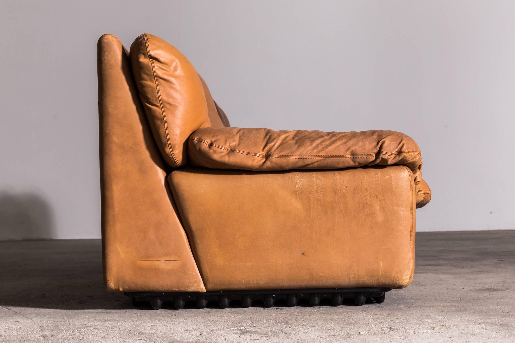 mid century tan leather sofa