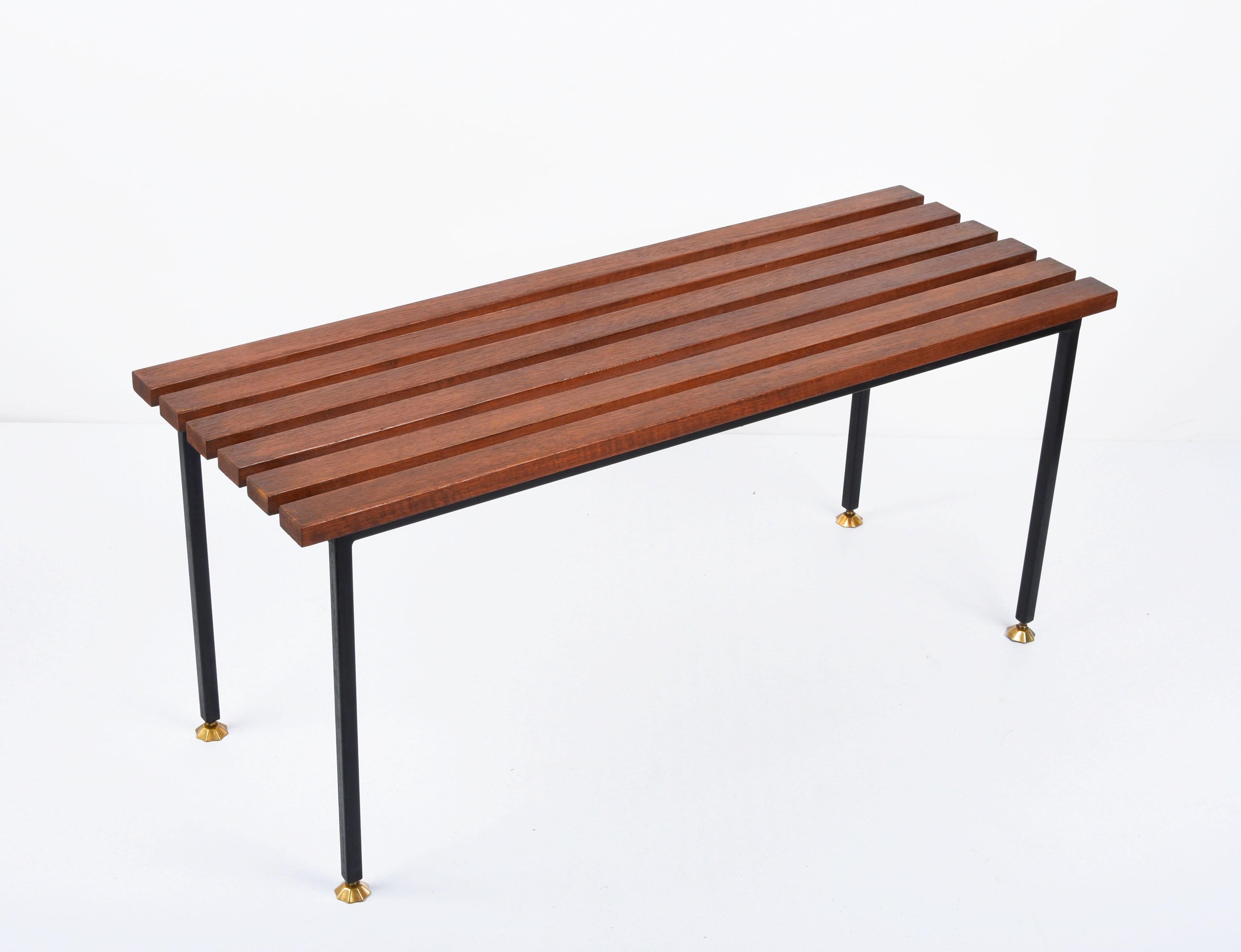 Midcentury Teak and Black Enameled Metal Italian Bench with Brass Feet, 1960s For Sale 4