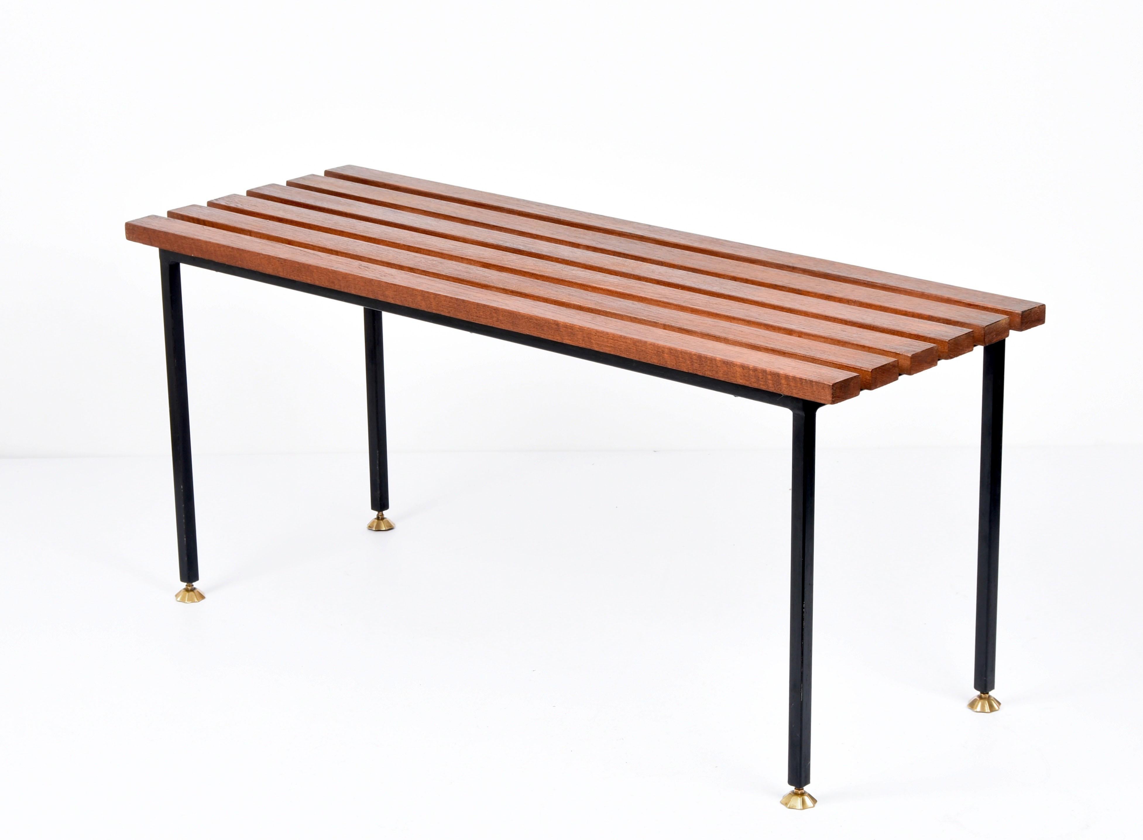 Midcentury Teak and Black Enameled Metal Italian Bench with Brass Feet, 1960s For Sale 5
