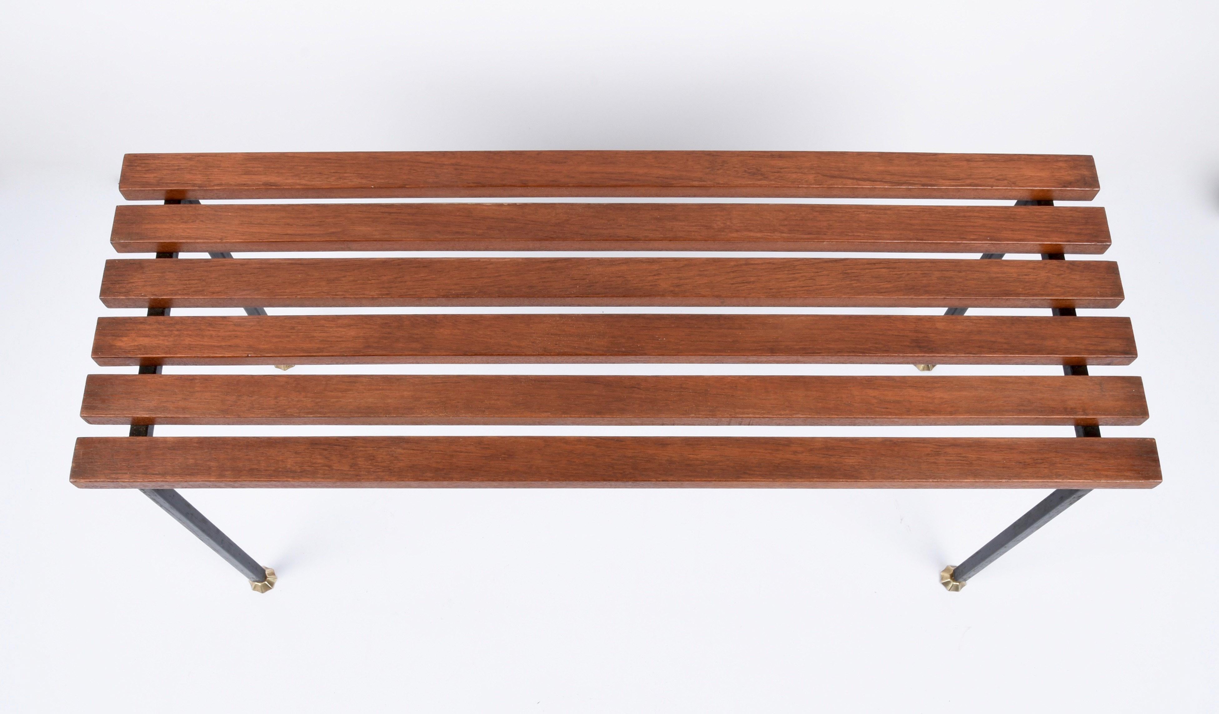 Midcentury Teak and Black Enameled Metal Italian Bench with Brass Feet, 1960s For Sale 8