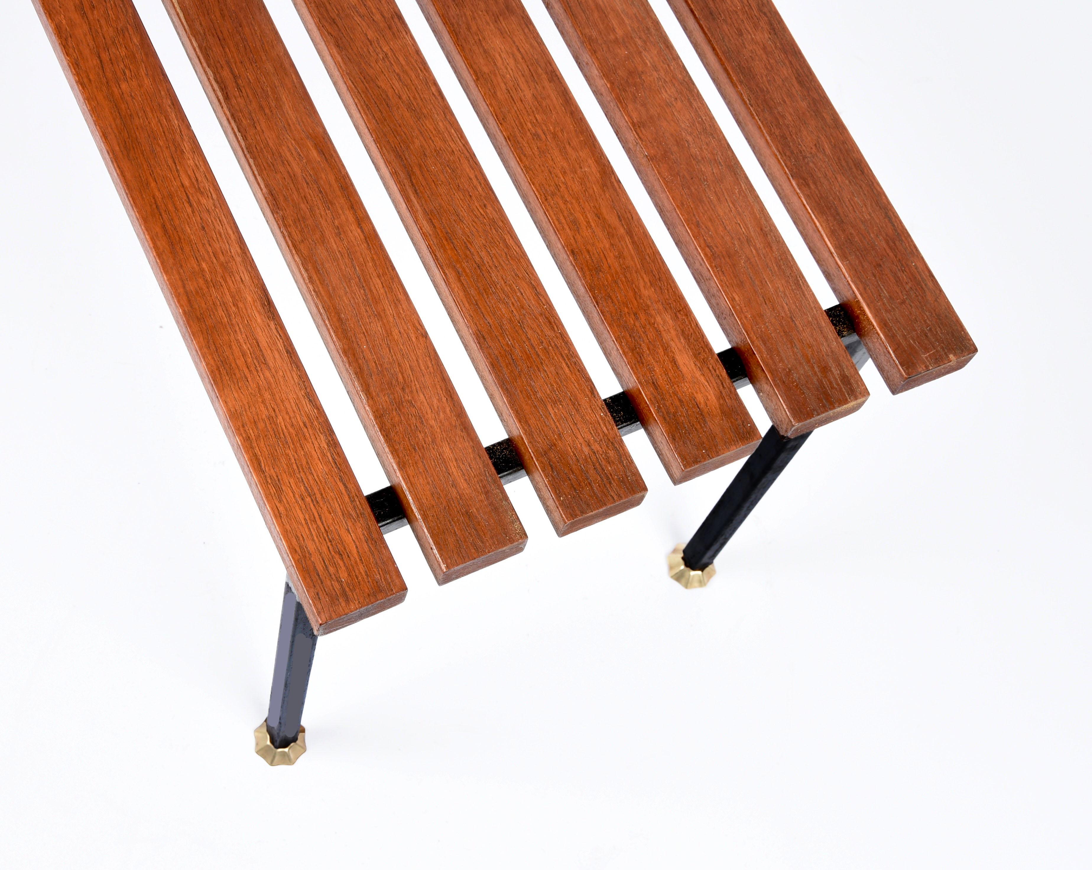 Midcentury Teak and Black Enameled Metal Italian Bench with Brass Feet, 1960s For Sale 9