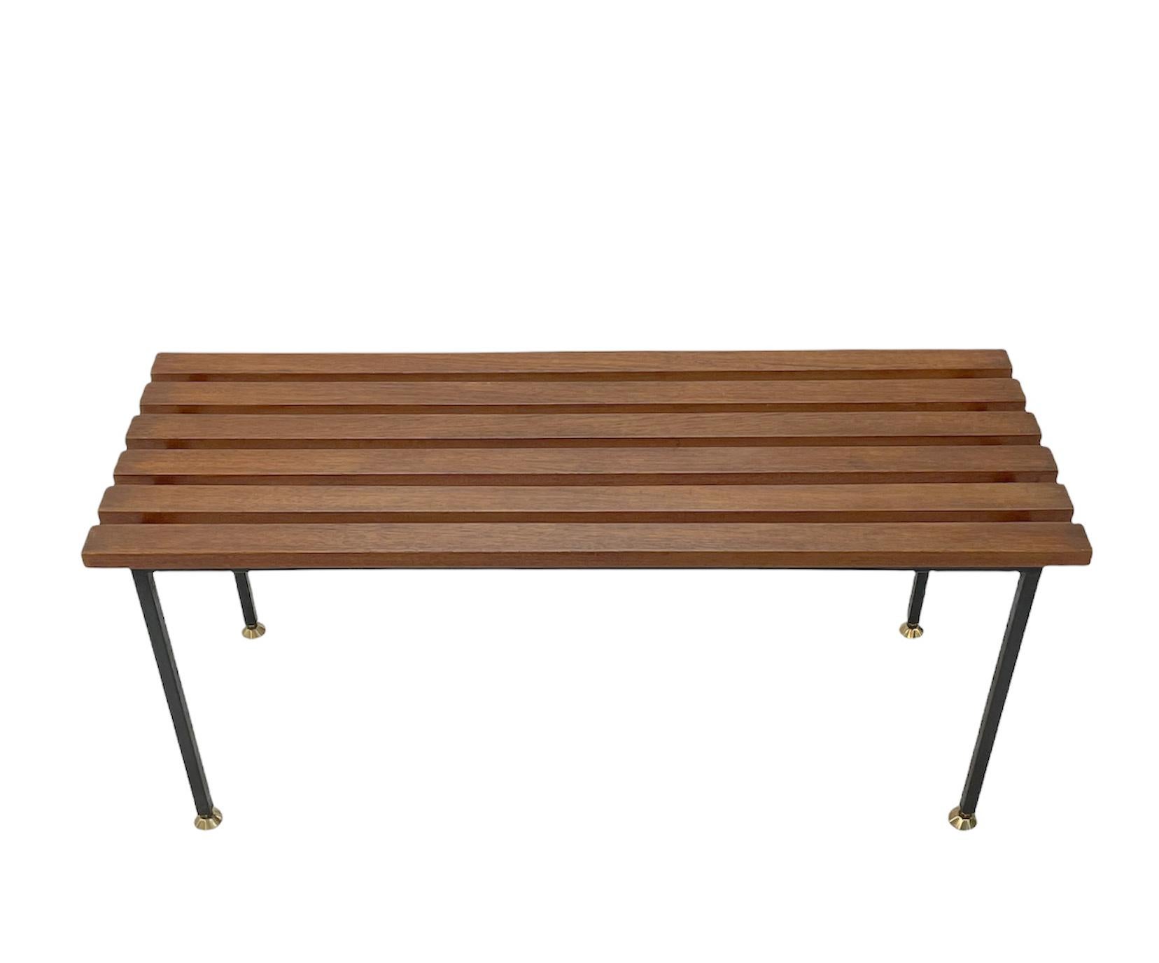 Midcentury Teak and Black Enameled Metal Italian Bench with Brass Feet, 1960s For Sale 13
