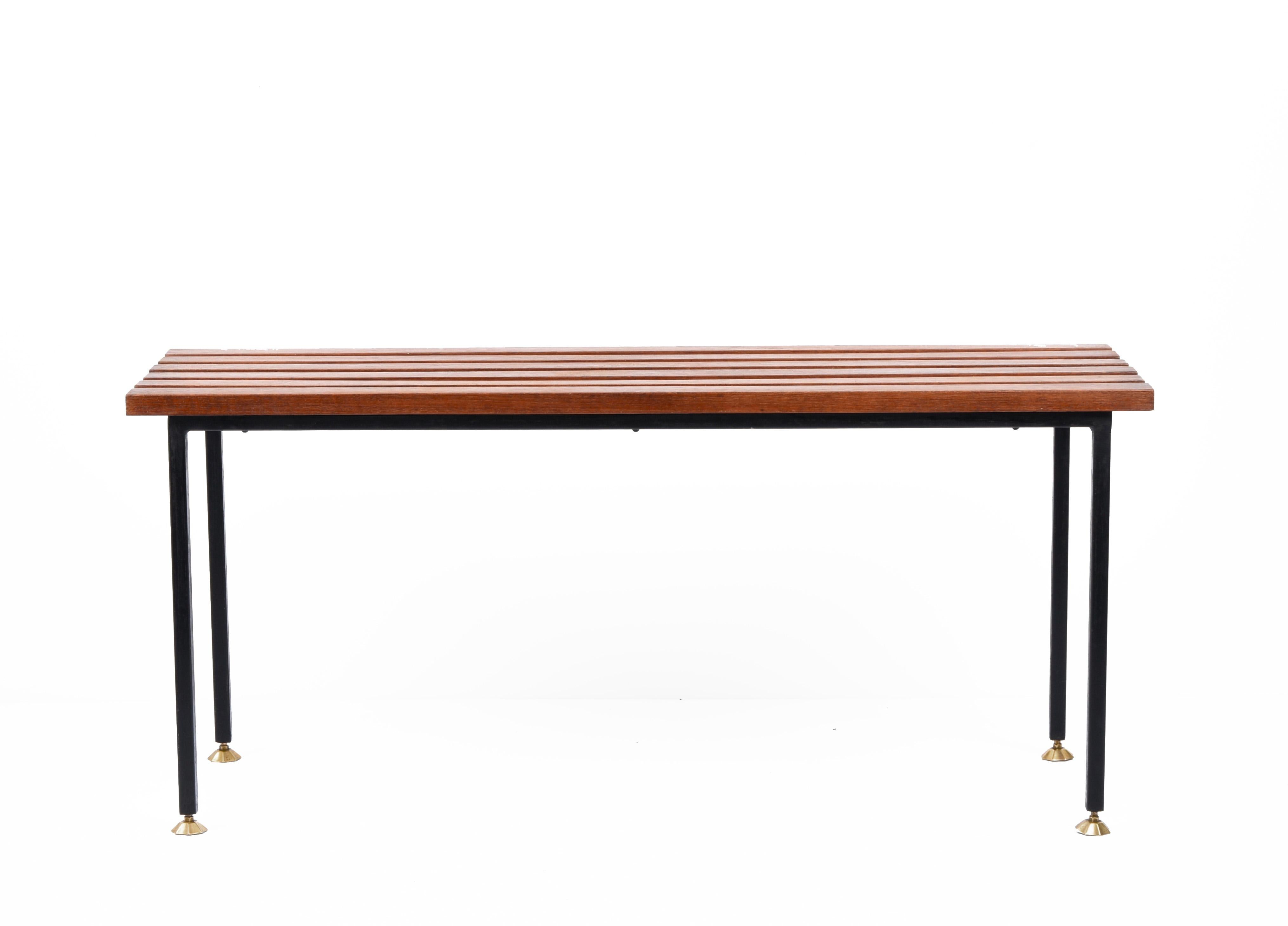 Mid-Century Modern Midcentury Teak and Black Enameled Metal Italian Bench with Brass Feet, 1960s For Sale
