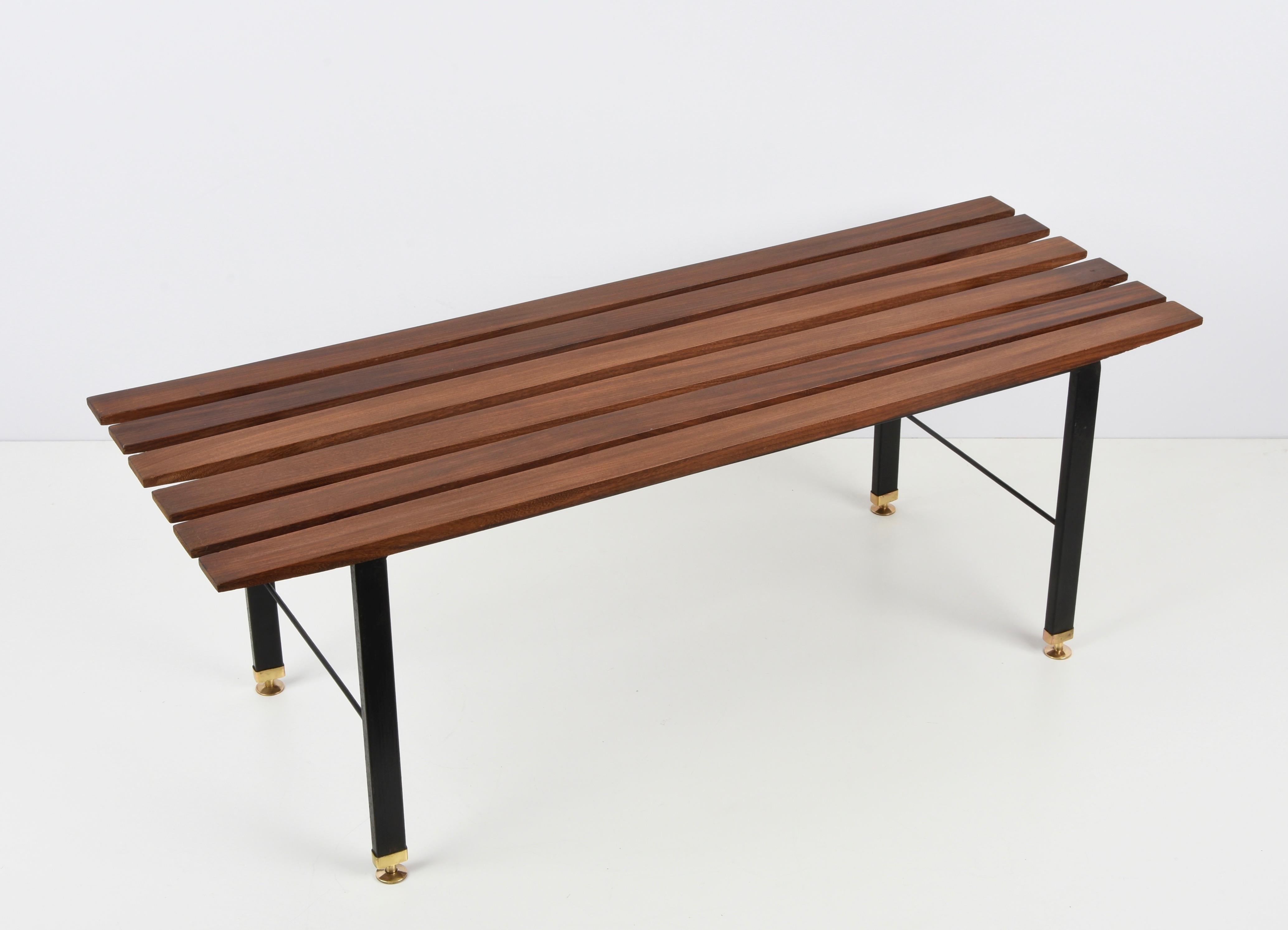 Mid-Century Modern Mid-Century Teak and Black Enameled Metal Italian Bench with Brass Feet, 1960s