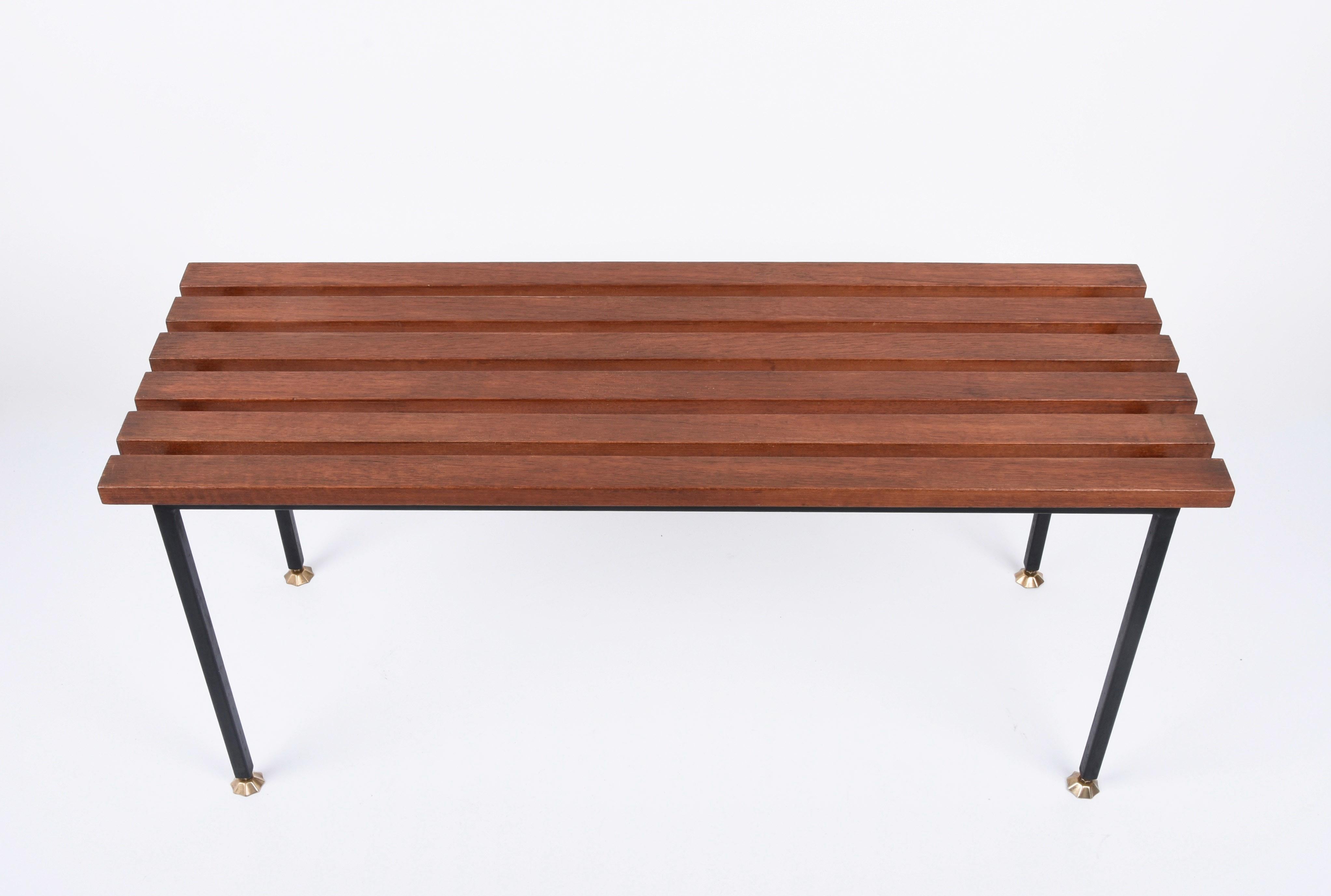 Mid-20th Century Midcentury Teak and Black Enameled Metal Italian Bench with Brass Feet, 1960s For Sale