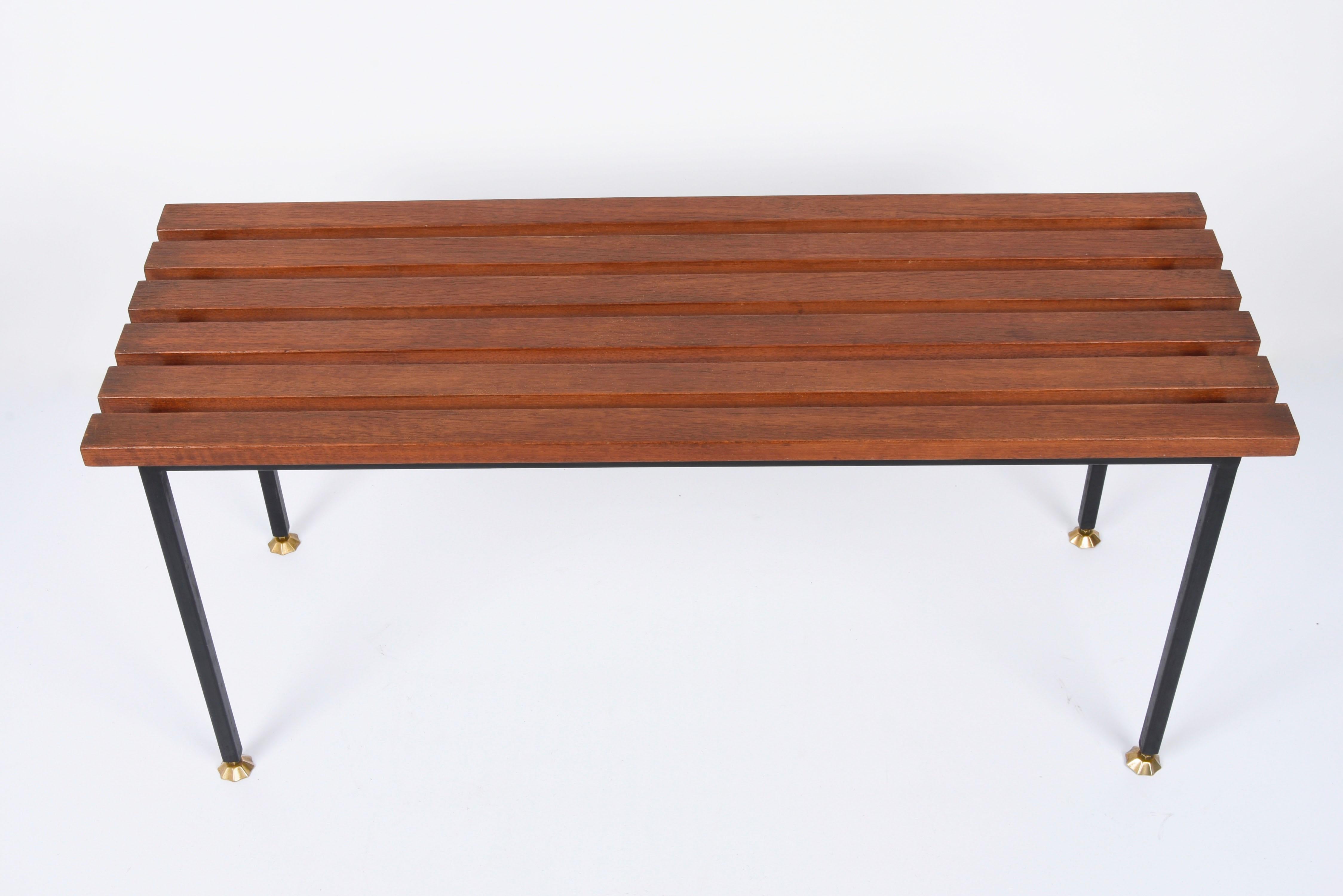 Wrought Iron Midcentury Teak and Black Enameled Metal Italian Bench with Brass Feet, 1960s For Sale