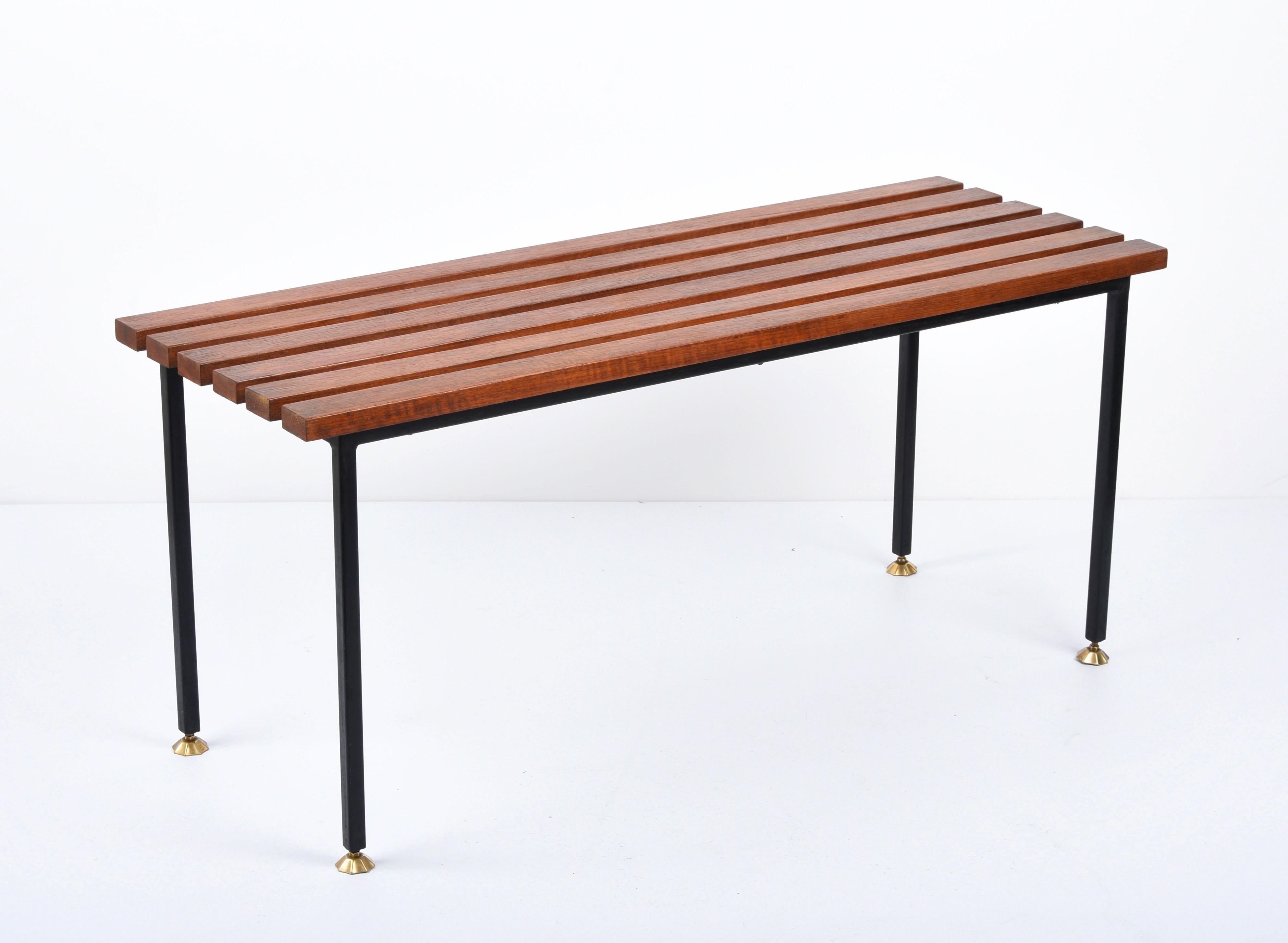 Midcentury Teak and Black Enameled Metal Italian Bench with Brass Feet, 1960s For Sale 2