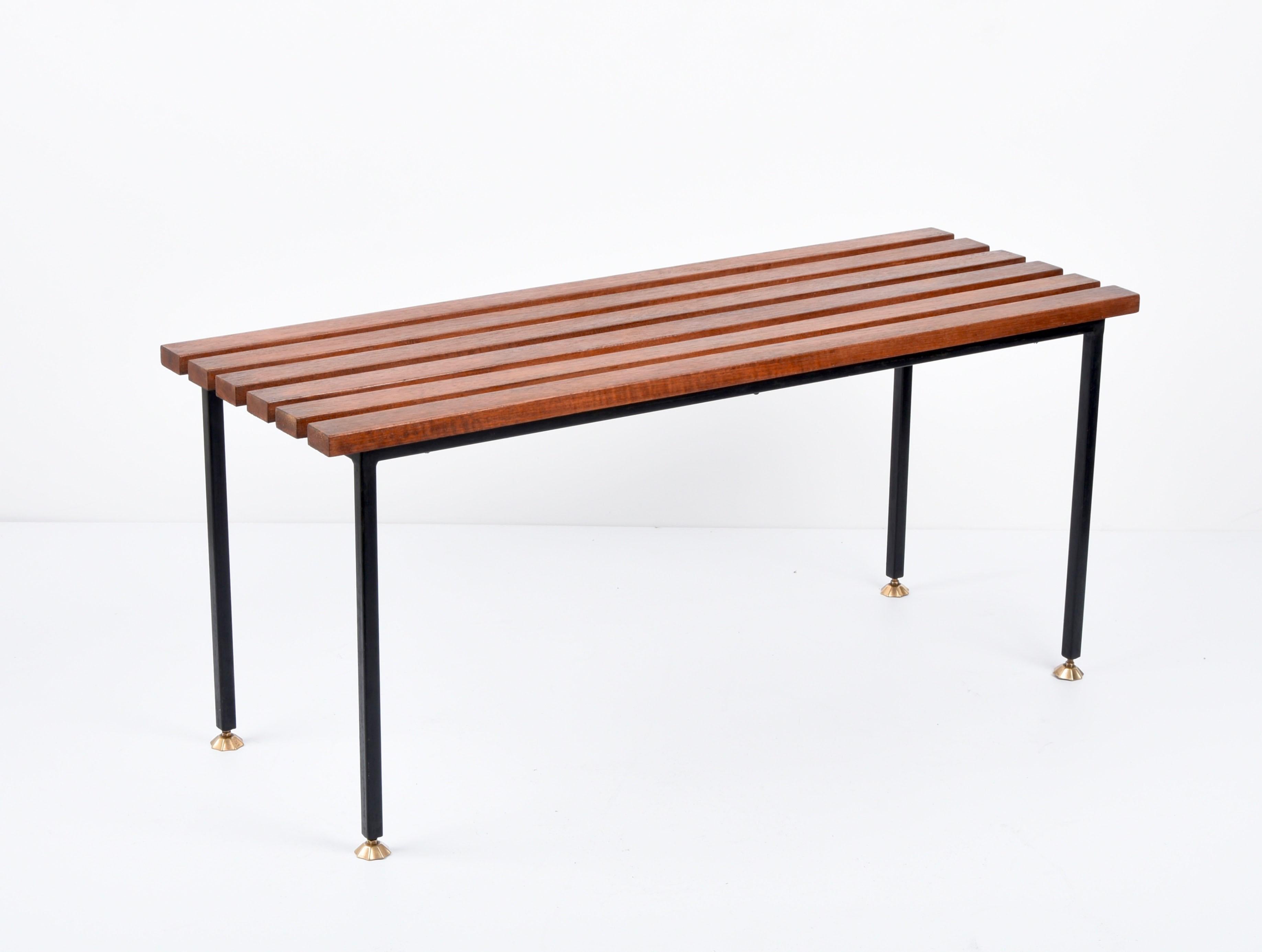 Midcentury Teak and Black Enameled Metal Italian Bench with Brass Feet, 1960s For Sale 3
