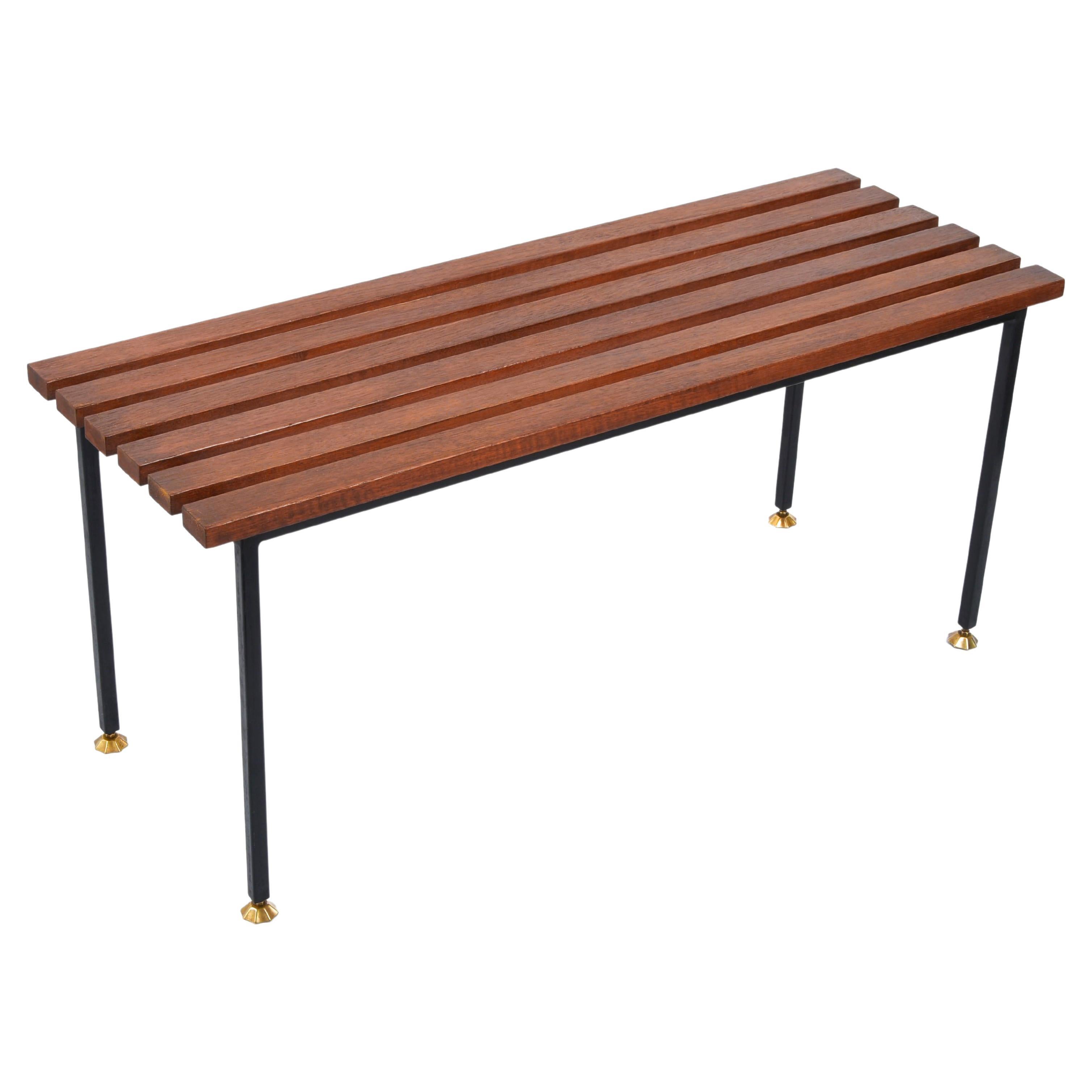 Midcentury Teak and Black Enameled Metal Italian Bench with Brass Feet, 1960s For Sale