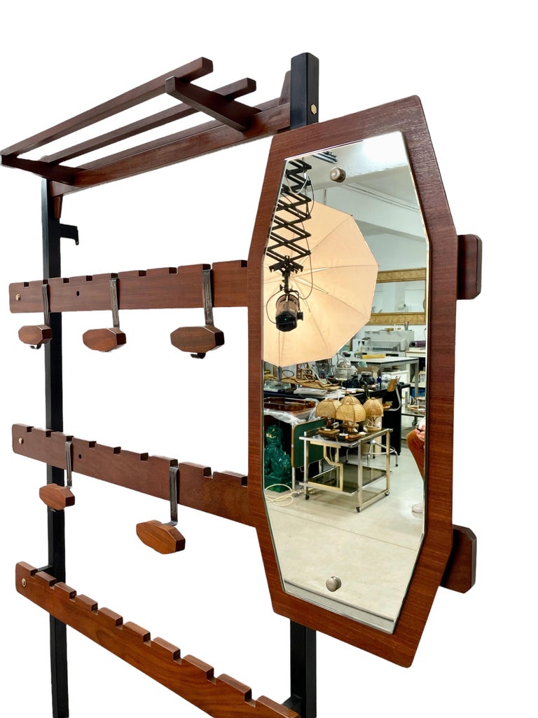 Midcentury Teak and Brass Italian Wall Modular Coat Rack with Mirror ...