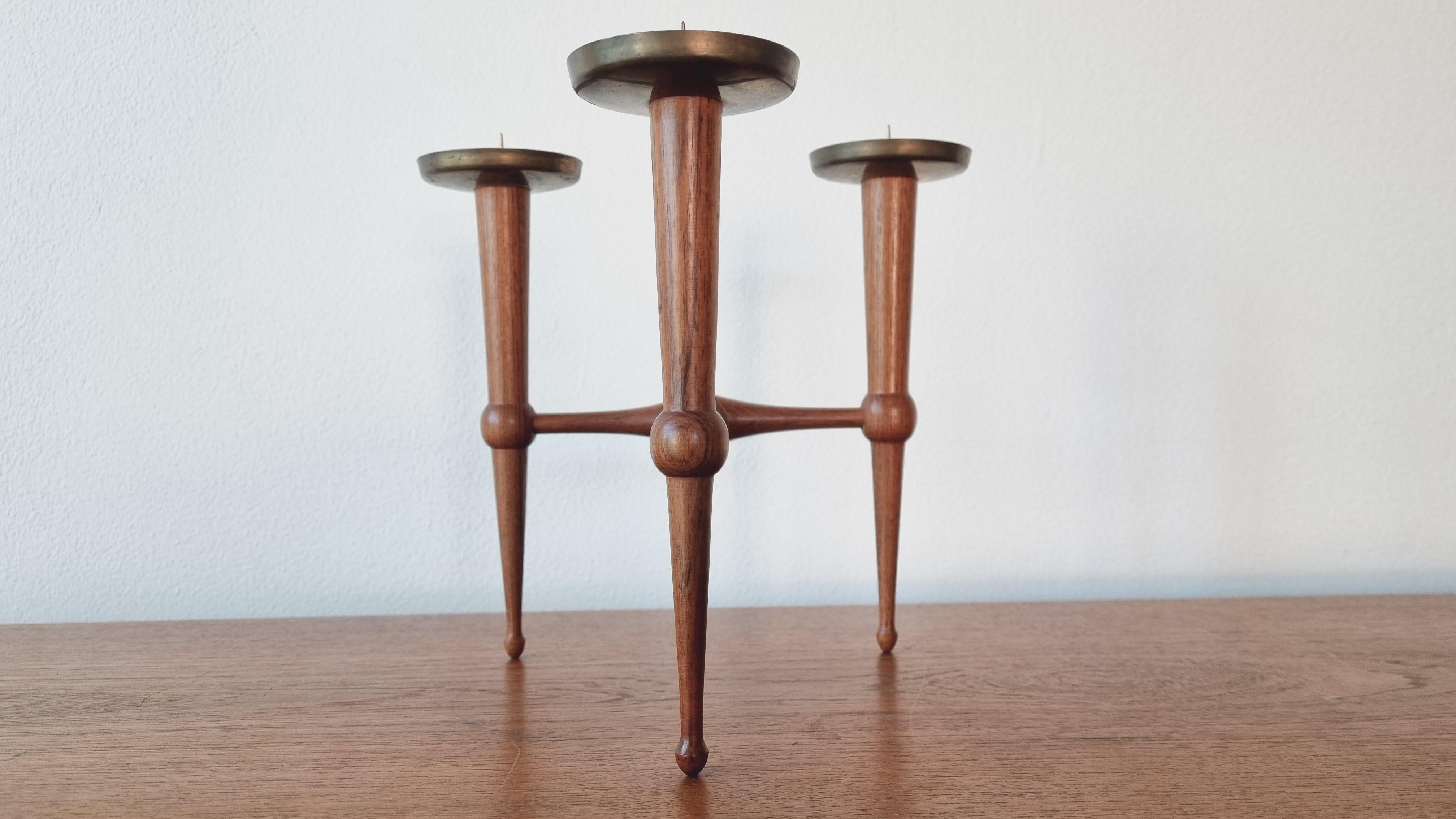 Midcentury Teak and Brass Rare Table Candle Holder / Stick, Denmark, 1960s For Sale 4
