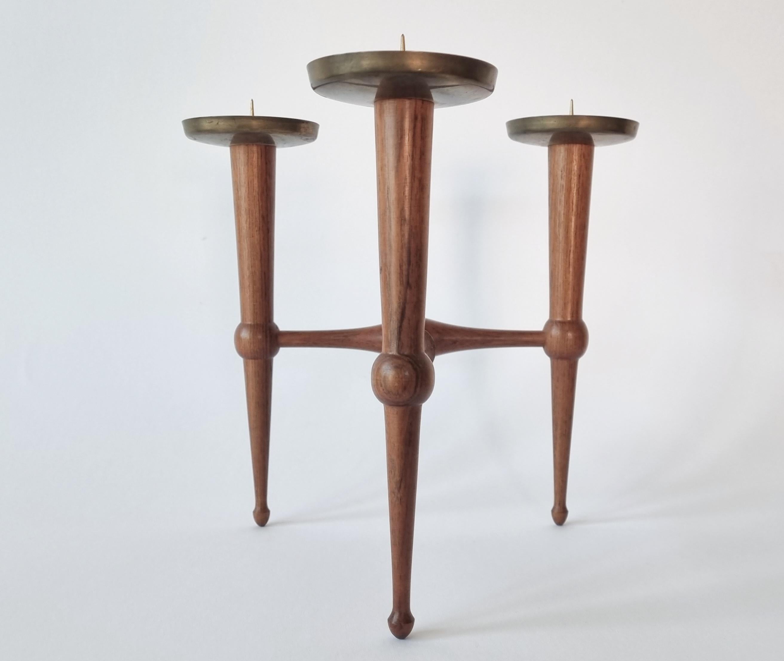 Midcentury Teak and Brass Rare Table Candle Holder / Stick, Denmark, 1960s For Sale 5