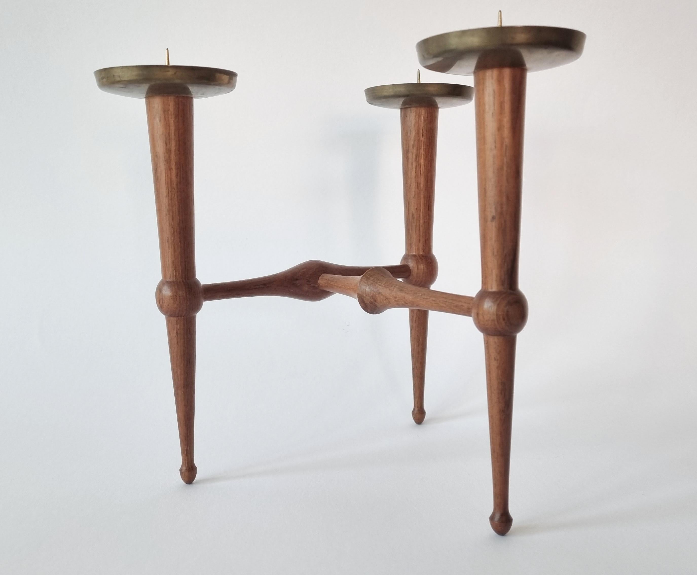 Midcentury Teak and Brass Rare Table Candle Holder / Stick, Denmark, 1960s For Sale 6