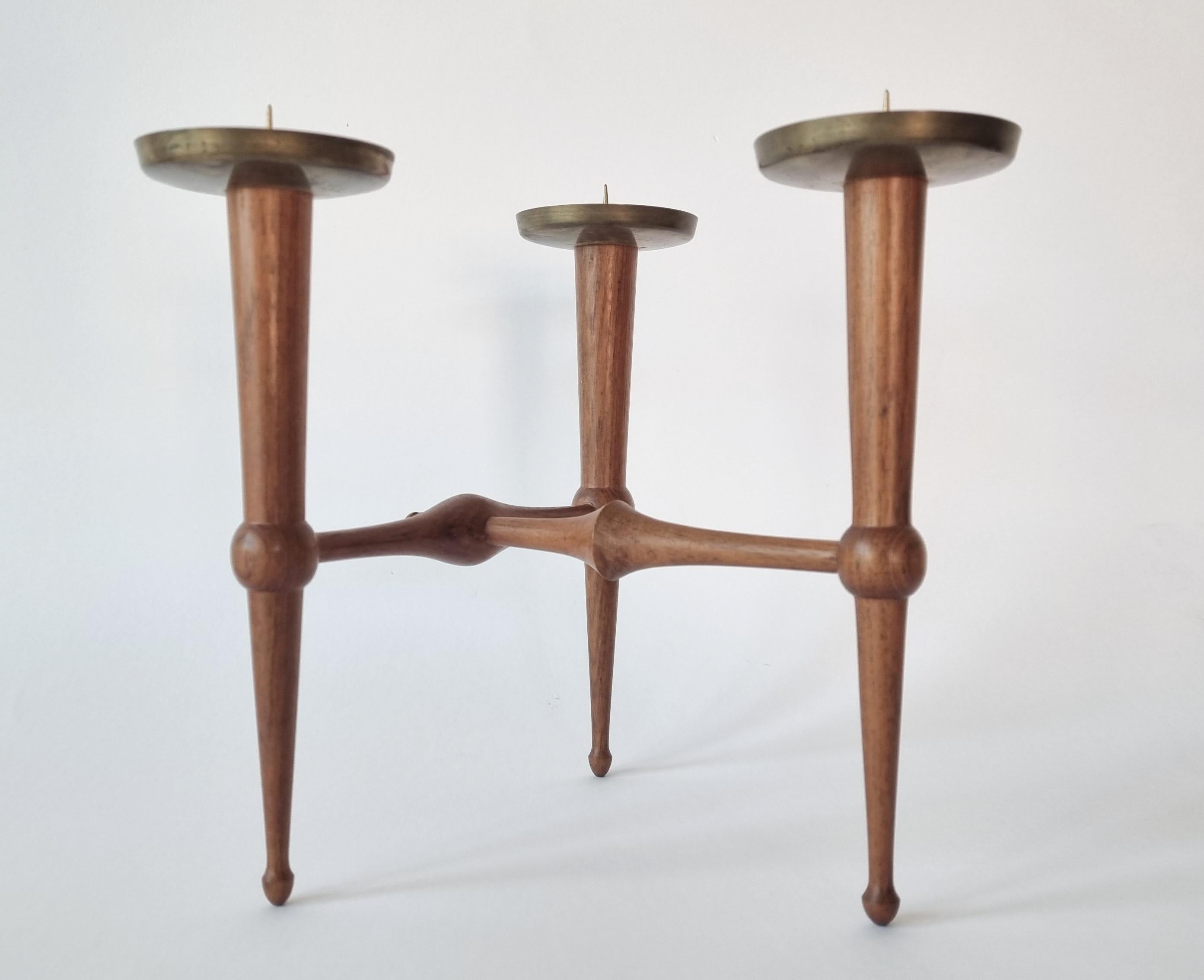 Midcentury Teak and Brass Rare Table Candle Holder / Stick, Denmark, 1960s For Sale 7