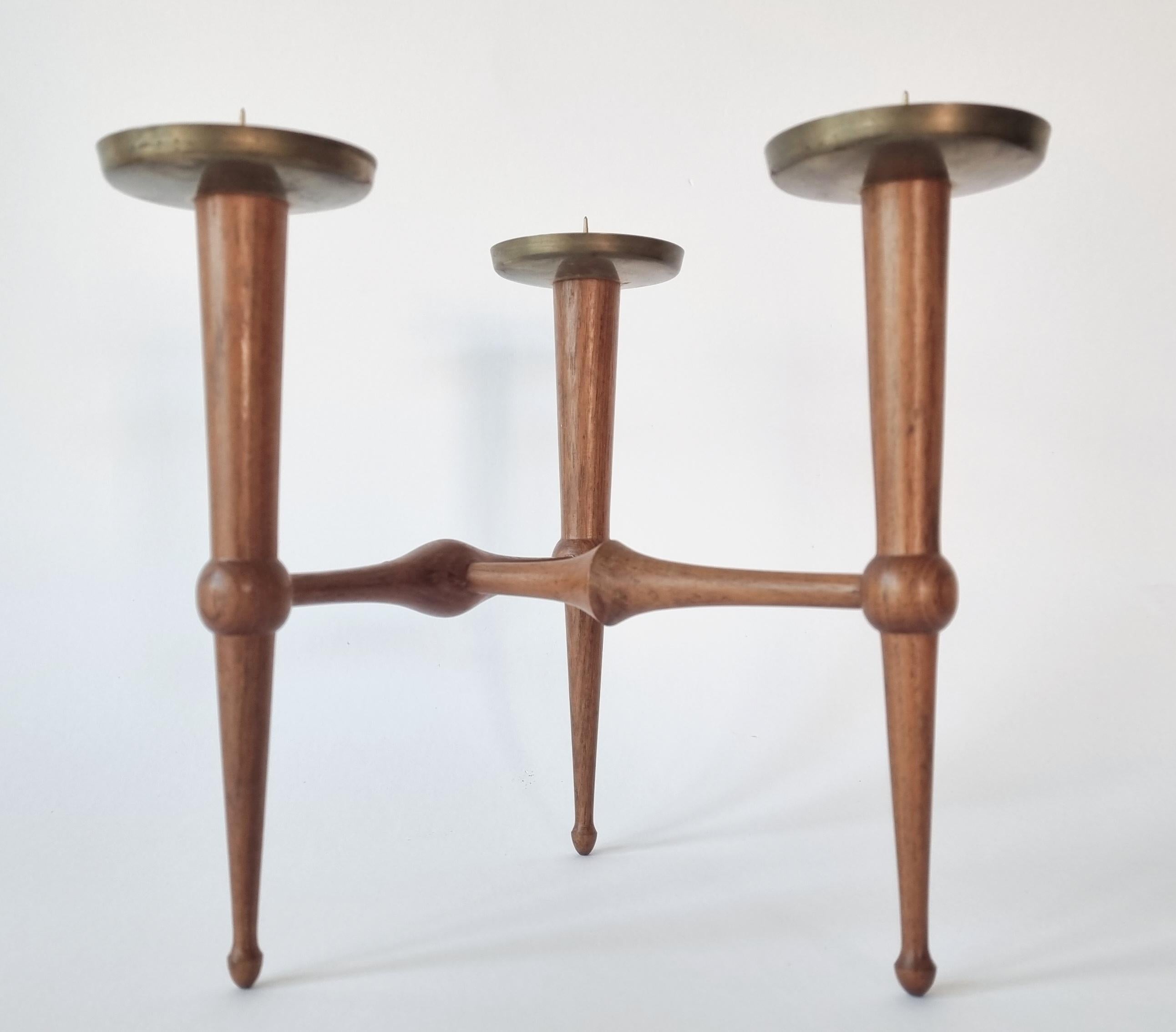 Midcentury Teak and Brass Rare Table Candle Holder / Stick, Denmark, 1960s For Sale 8