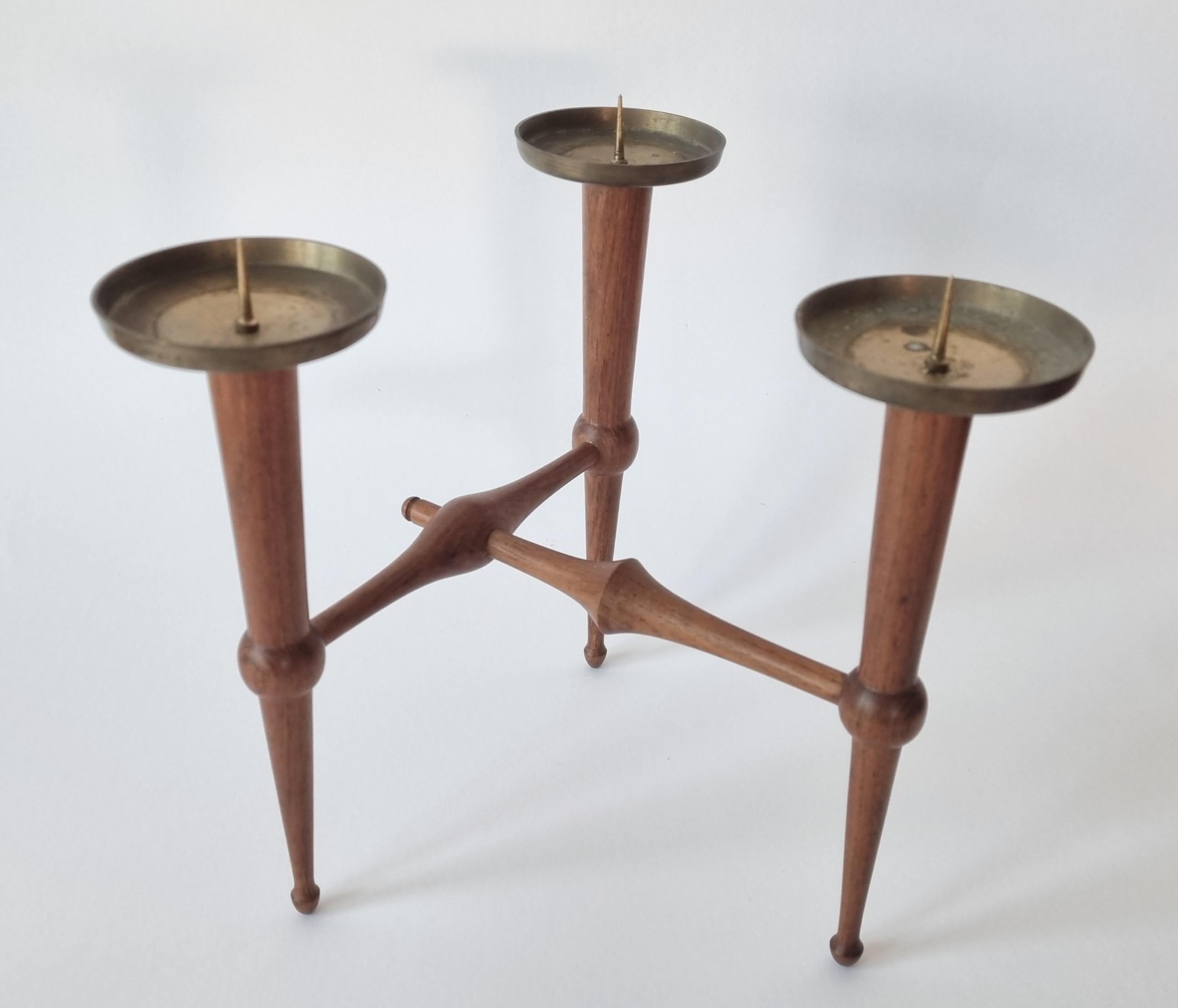 Midcentury Teak and Brass Rare Table Candle Holder / Stick, Denmark, 1960s For Sale 9