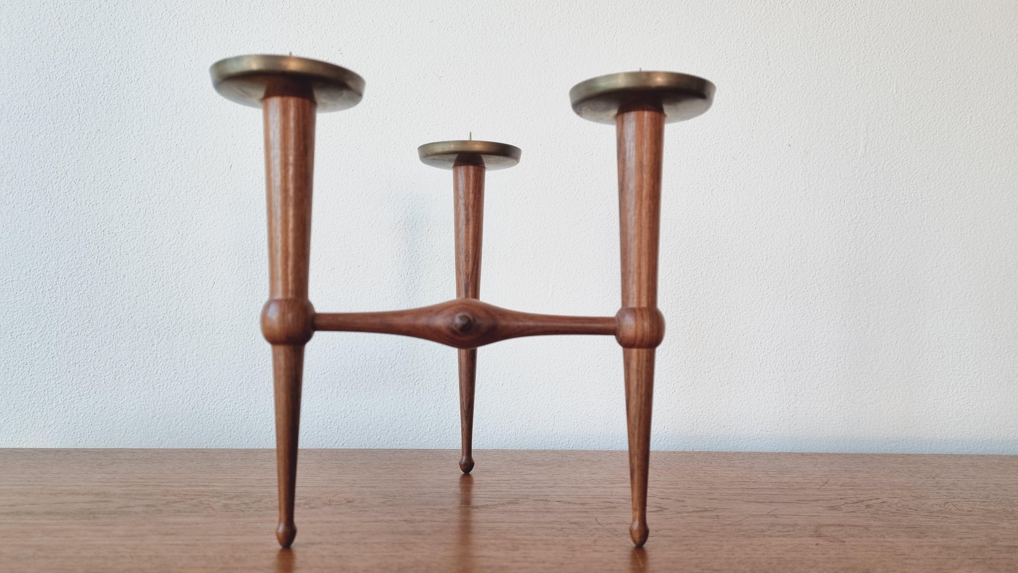 Mid-Century Modern Midcentury Teak and Brass Rare Table Candle Holder / Stick, Denmark, 1960s For Sale