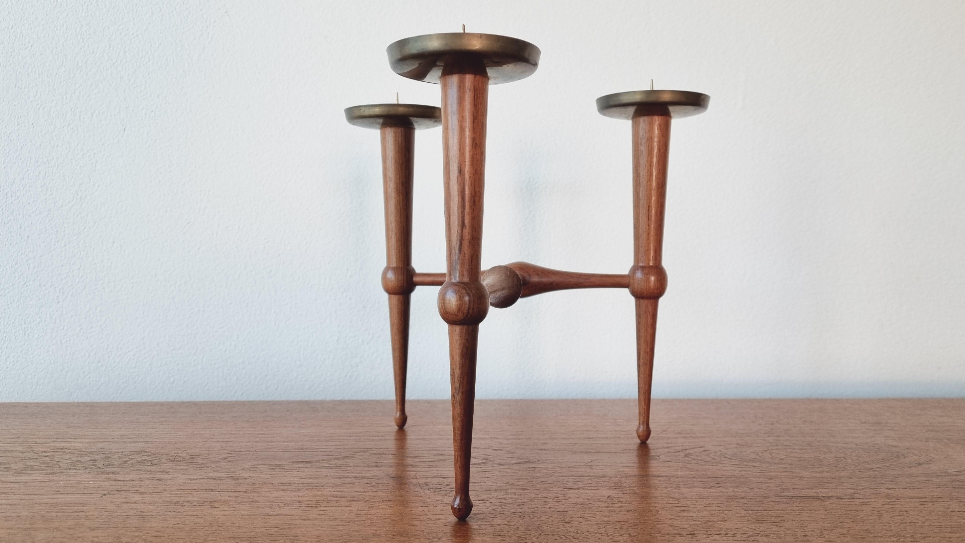 Danish Midcentury Teak and Brass Rare Table Candle Holder / Stick, Denmark, 1960s For Sale