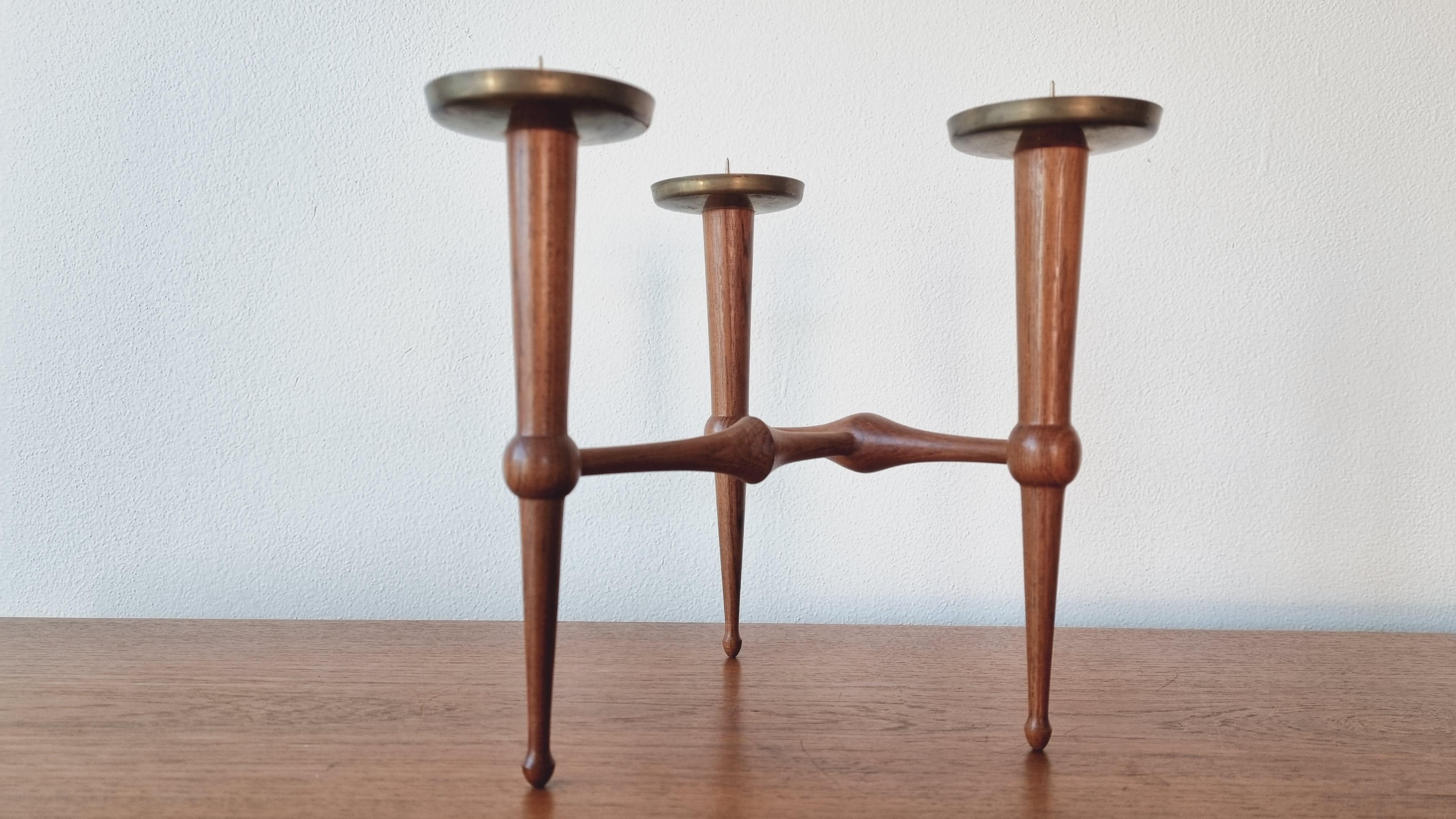 Midcentury Teak and Brass Rare Table Candle Holder / Stick, Denmark, 1960s In Excellent Condition For Sale In Praha, CZ