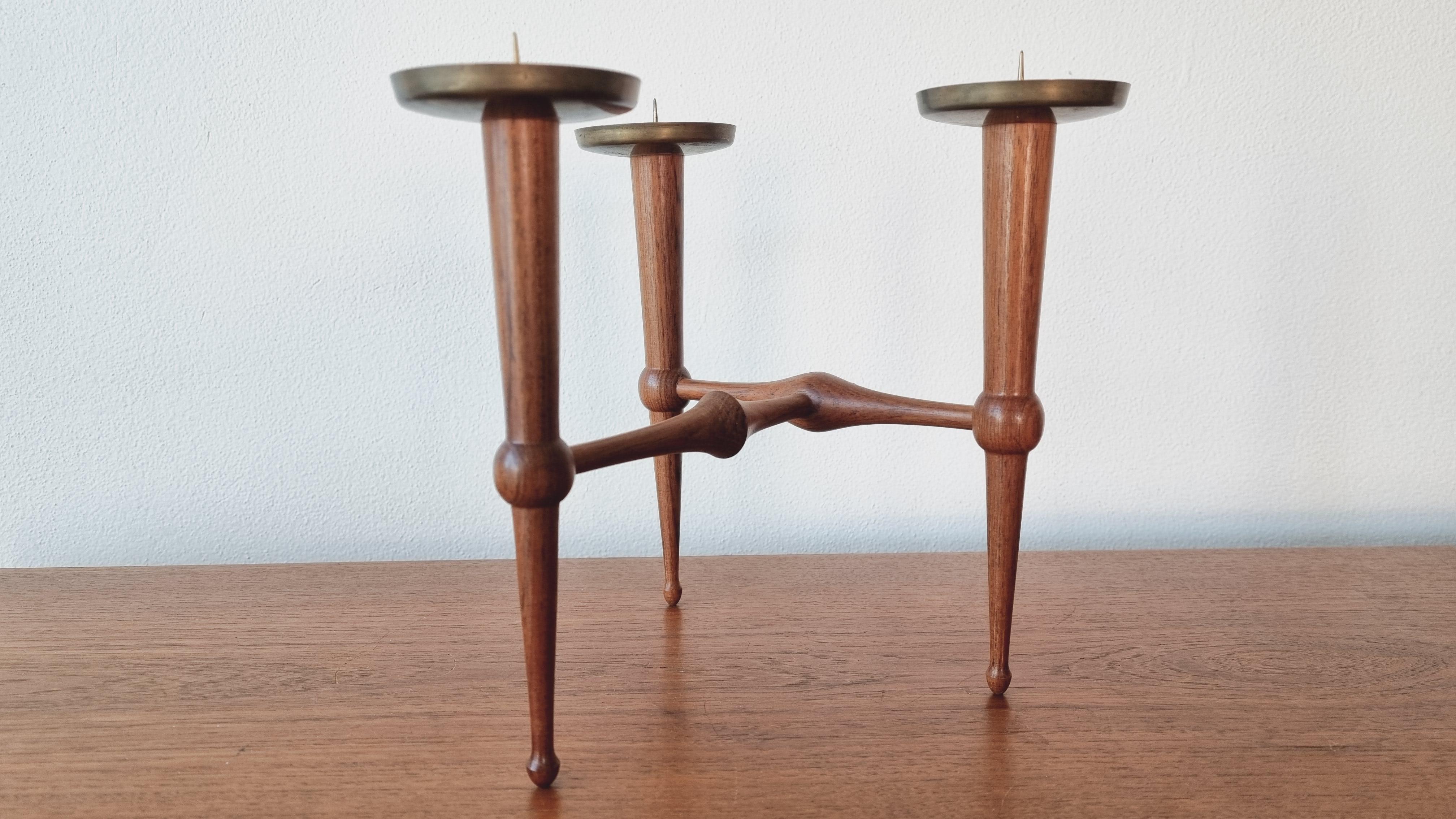Midcentury Teak and Brass Rare Table Candle Holder / Stick, Denmark, 1960s For Sale 2